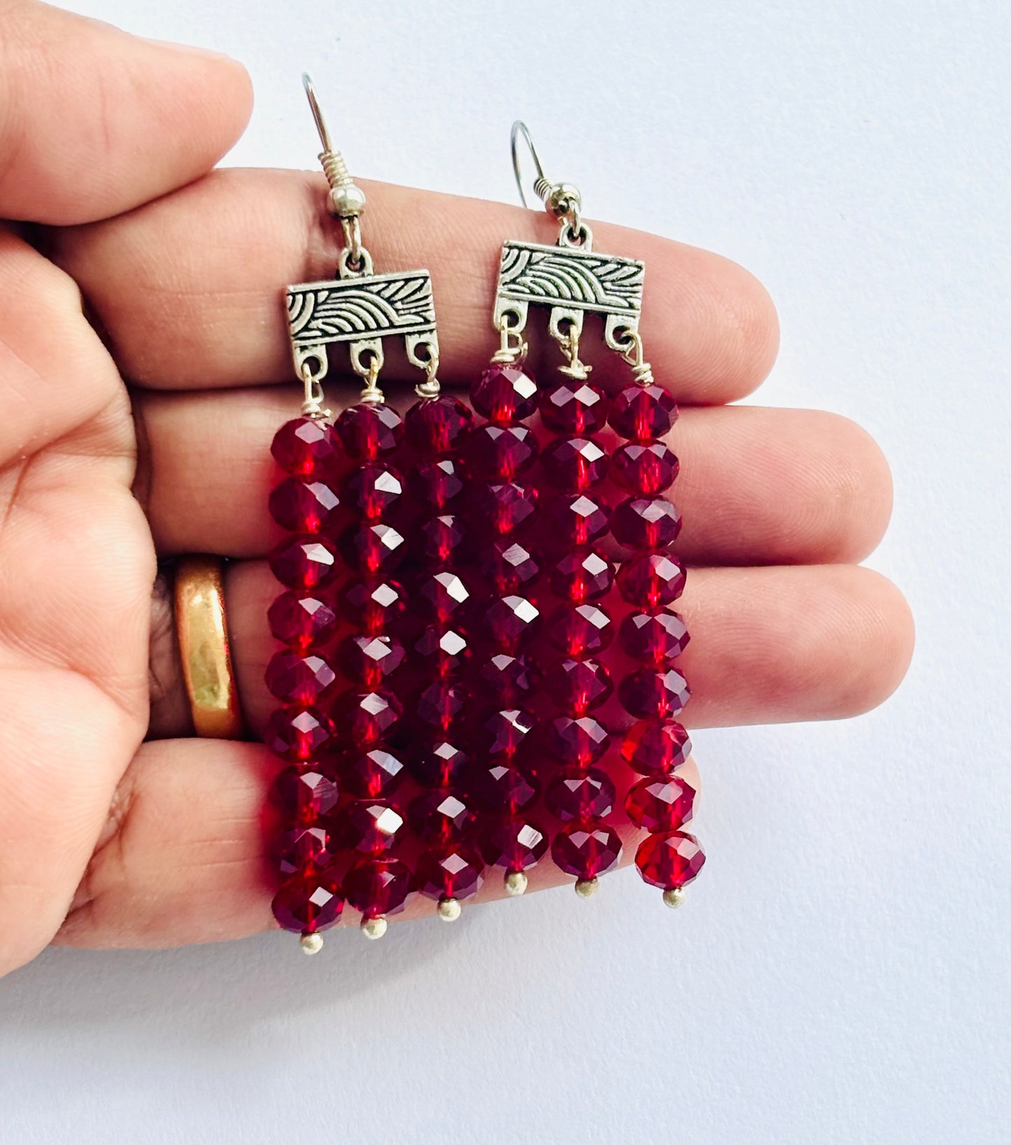 Handmade Ruby Red Crystal Fringe Earrings