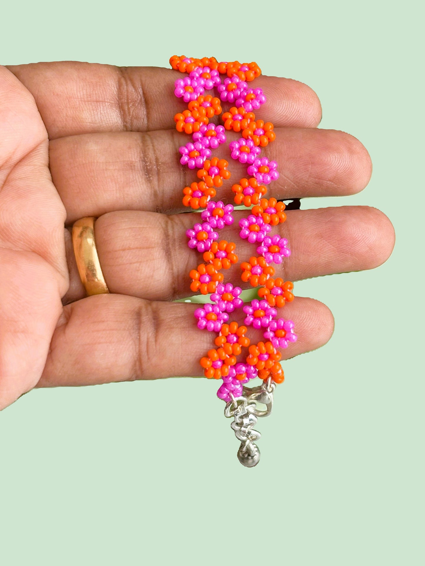 Handmade Pink and Orange Floral Beaded Bracelet