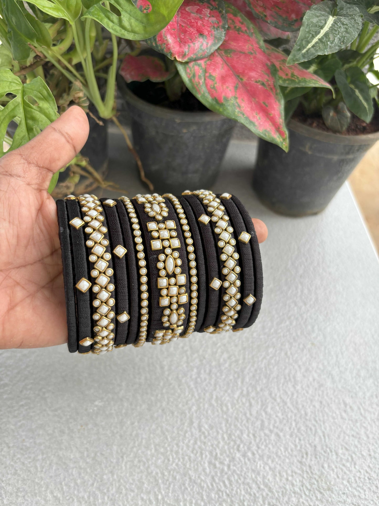 Handmade Black Silk Thread Bangle Set with Kundan and Pearl Work