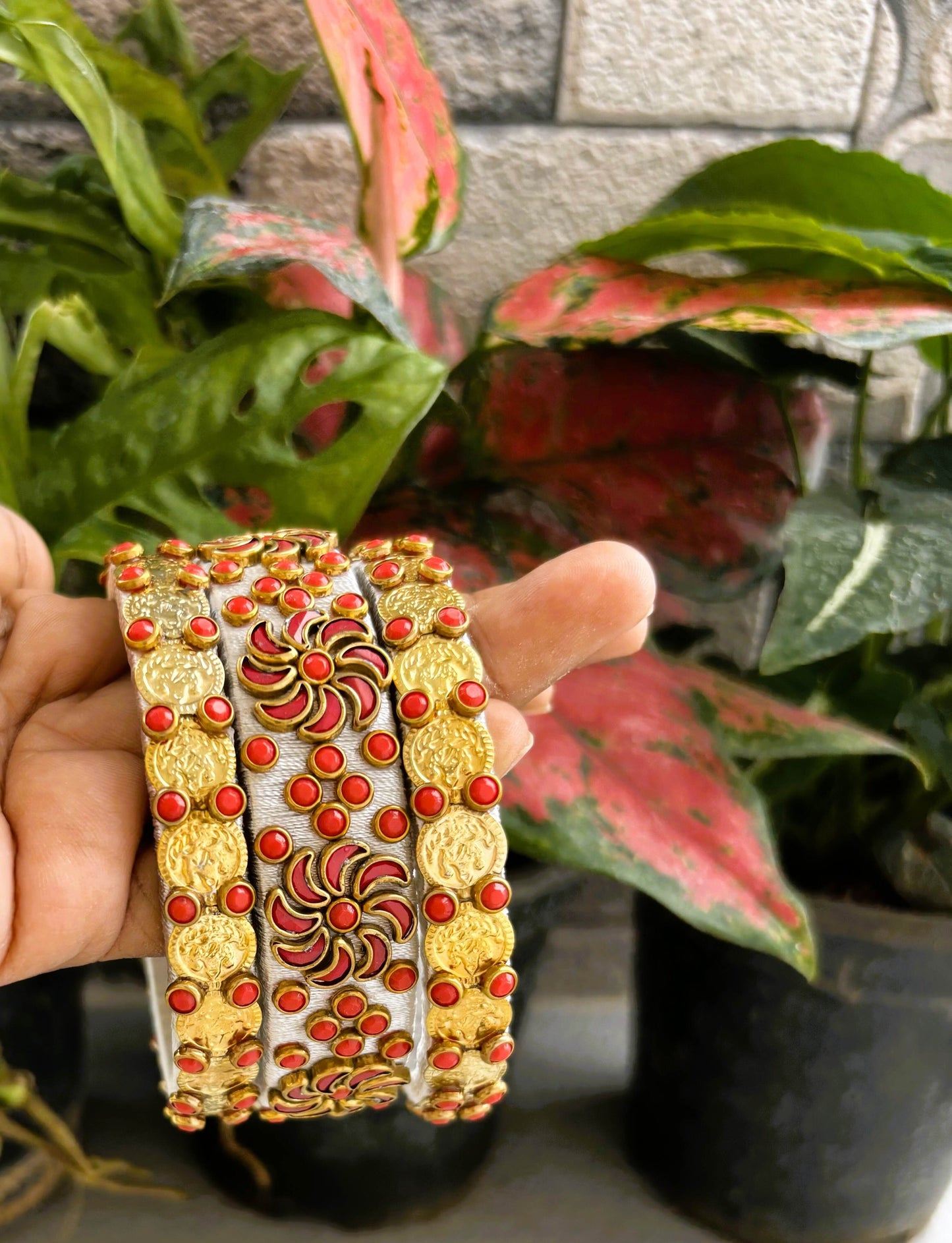 Handmade Silver Silk Thread Bangle Set with Gold Kasu Coins
