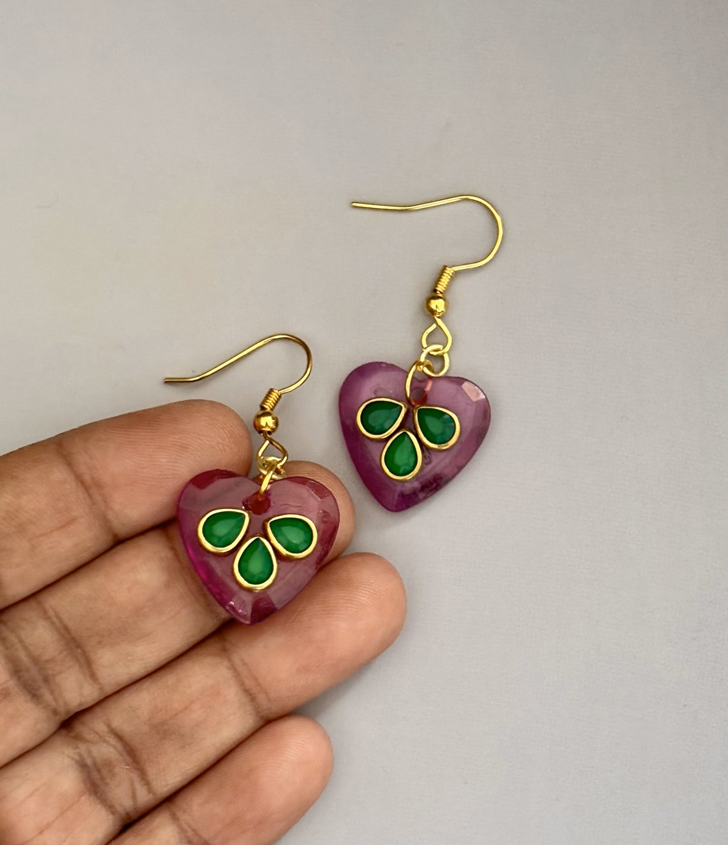 Handmade Pink Heart Earrings with Green Kundan Stones