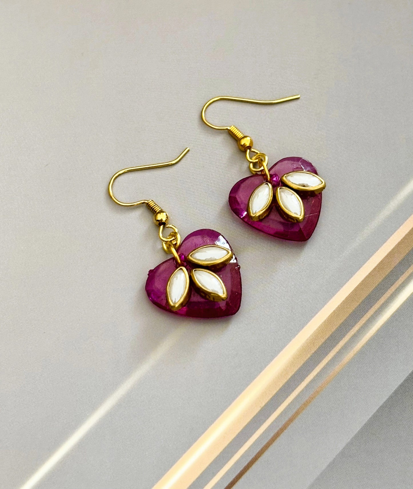 Pink Heart Earrings with Kundan Leaf Design