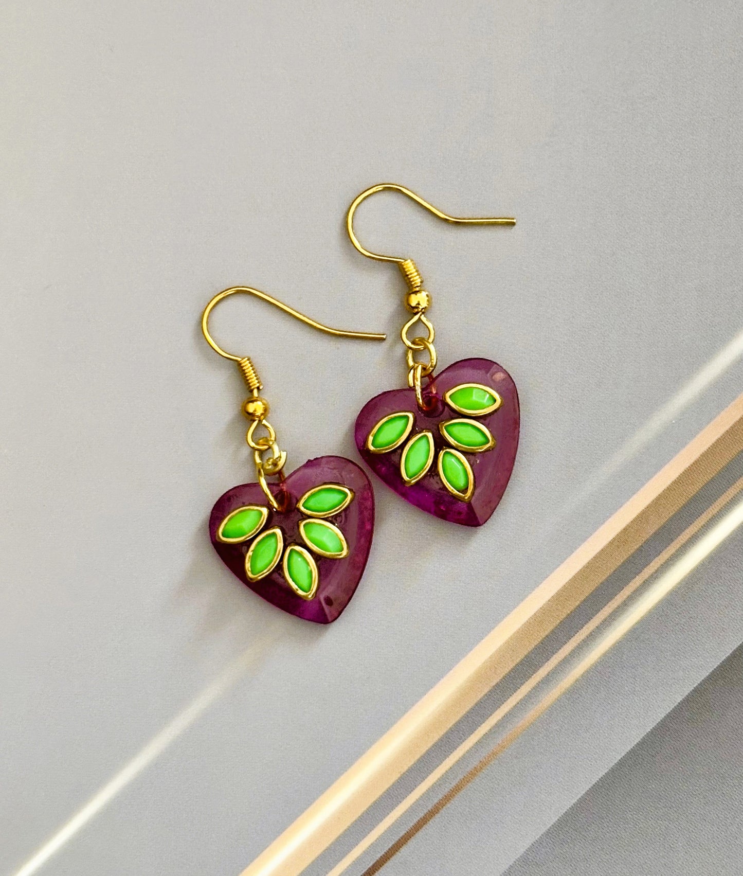Handmade Pink Heart Earrings with Green Kundan Leaves