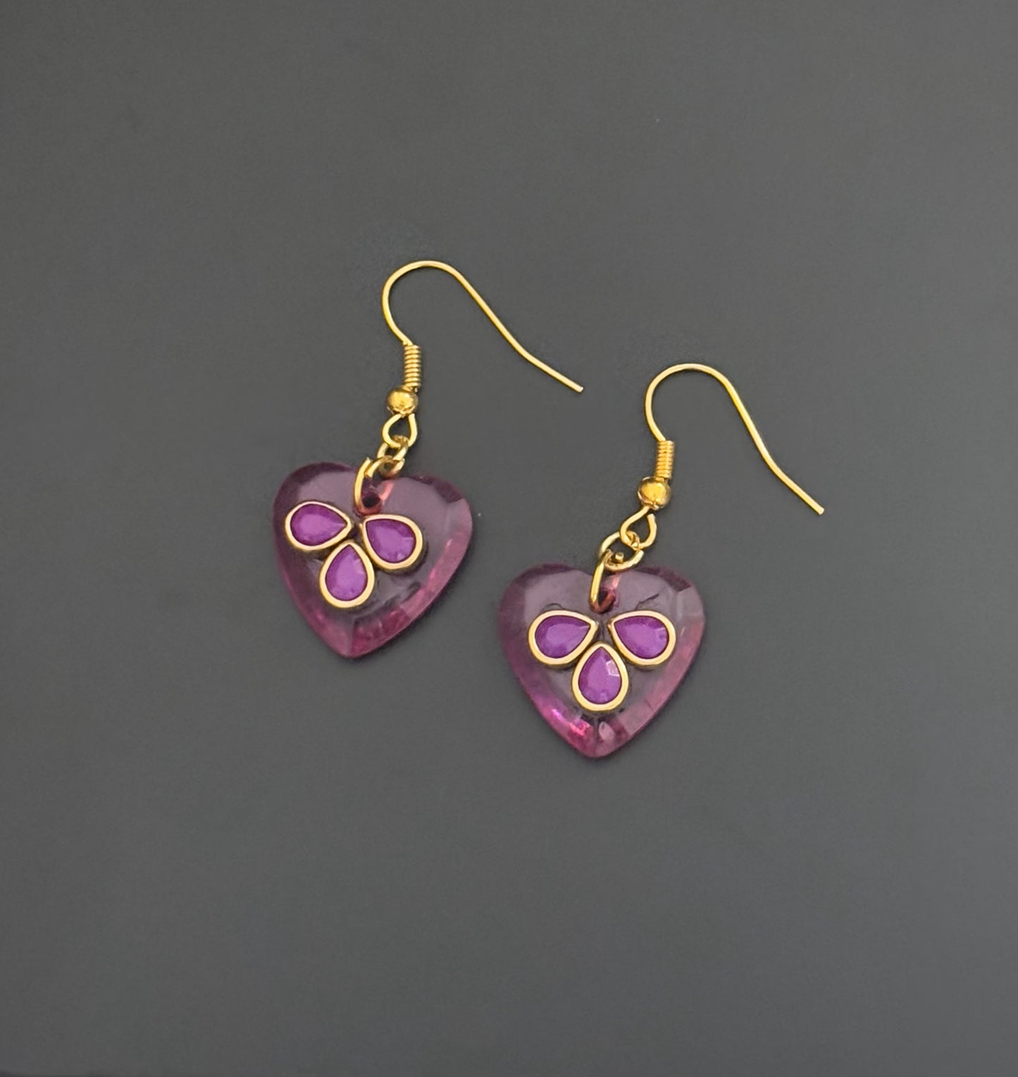 Handmade Pink Heart Earrings with Purple Kundan Stones