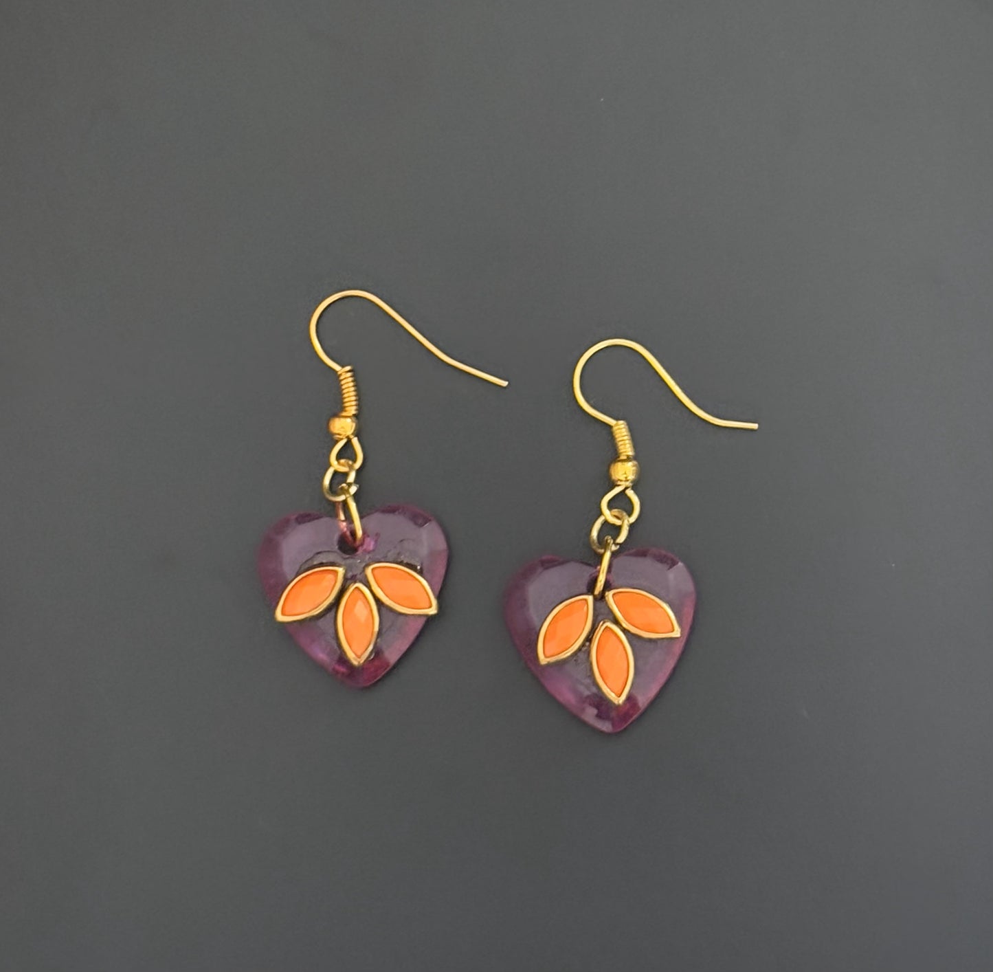 Pink Heart Earrings with Orange Kundan Leaf Design