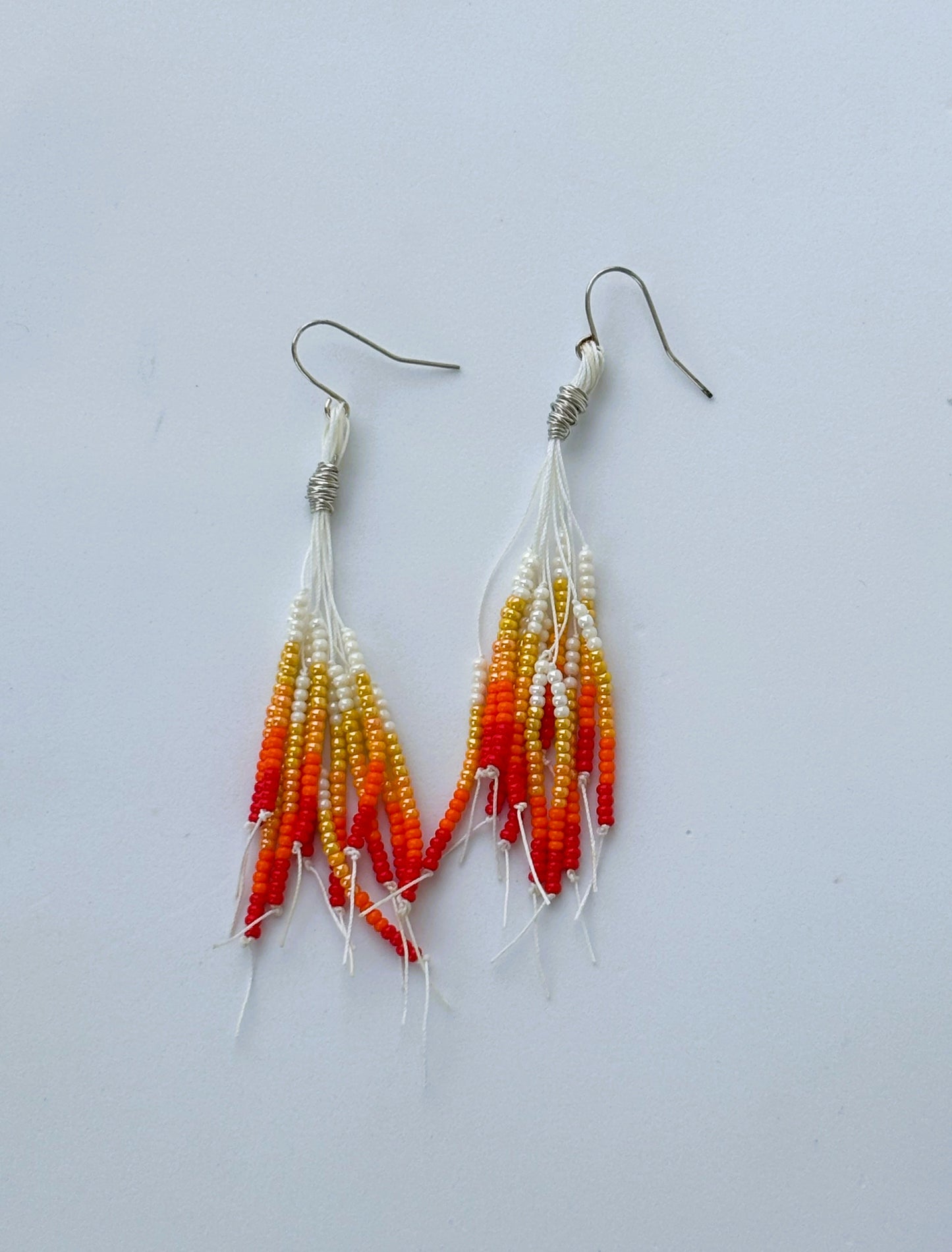 Handmade Orange and White Beaded Tassel Earrings