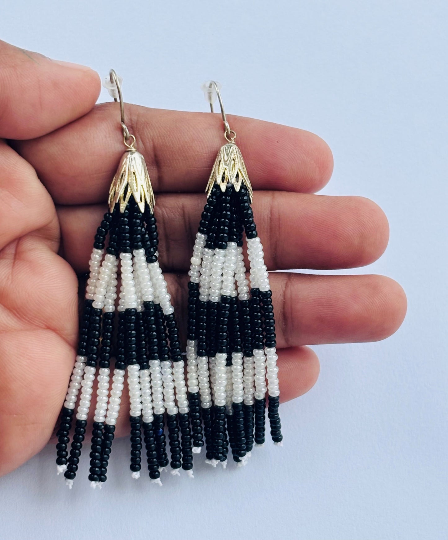 Handmade Black and White Striped Beaded Tassel Earrings