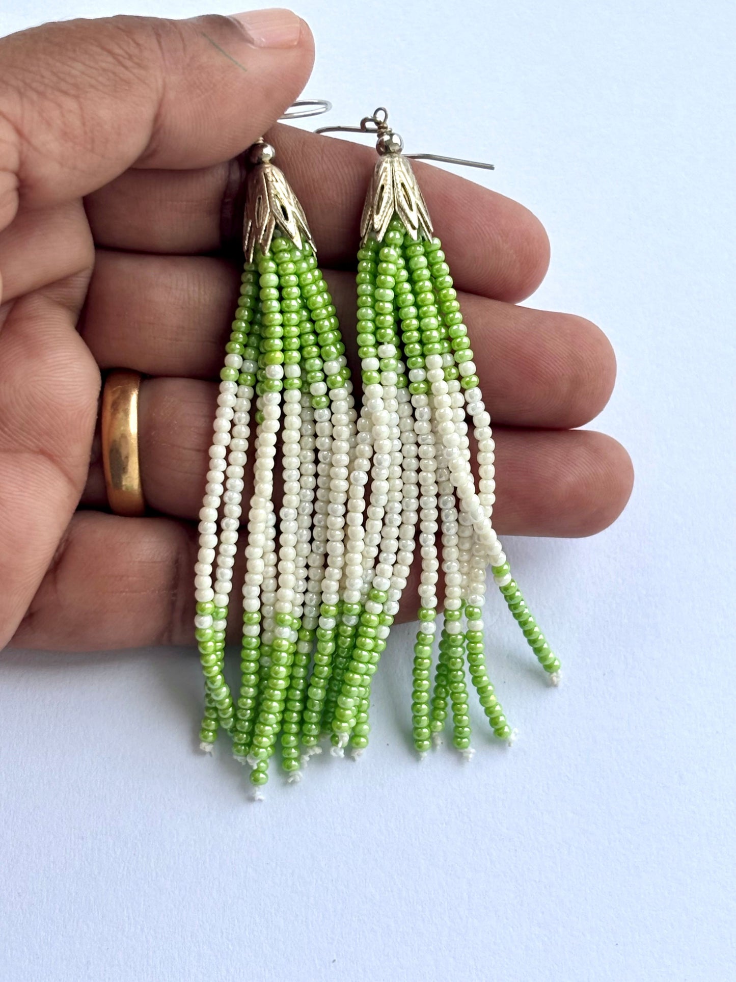 Handmade Green and White Beaded Tassel Earrings