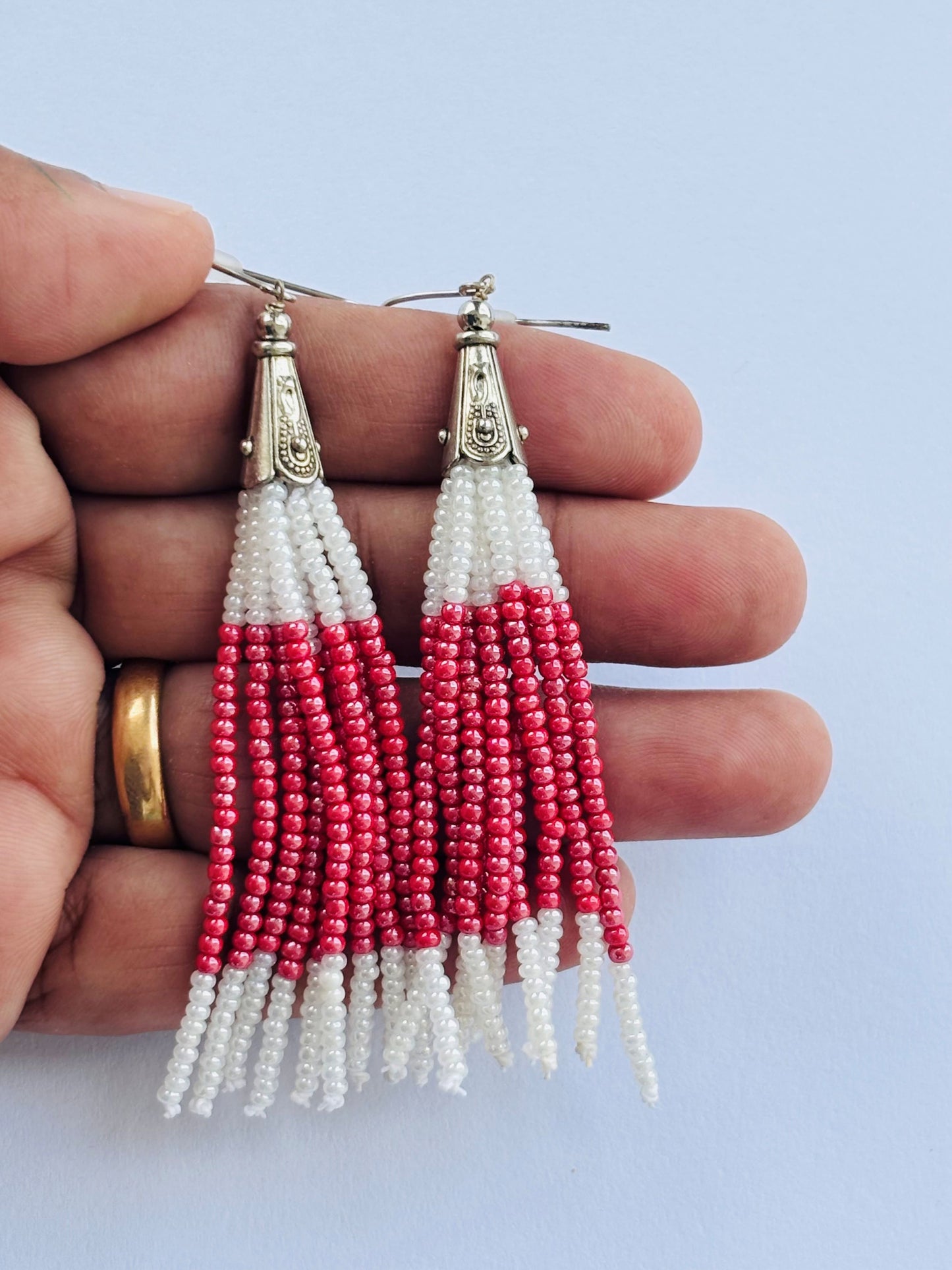 Handmade Red and White Beaded Tassel Earrings