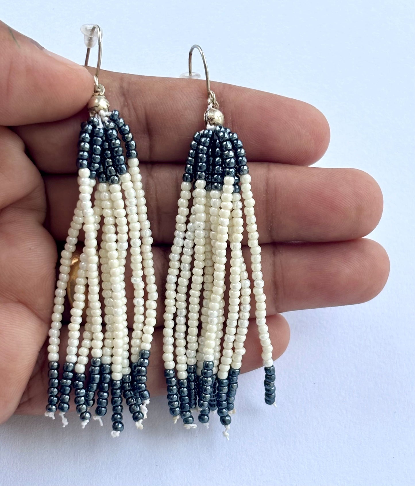 Handmade Black and Cream Beaded Tassel Earrings