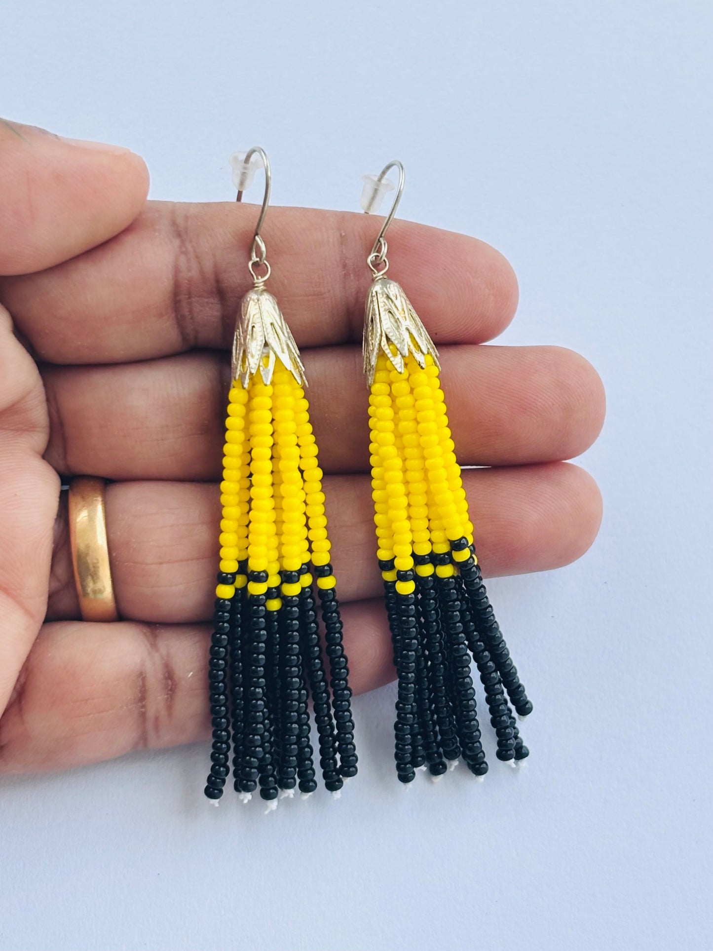 Handmade Yellow and Black Beaded Tassel Earrings