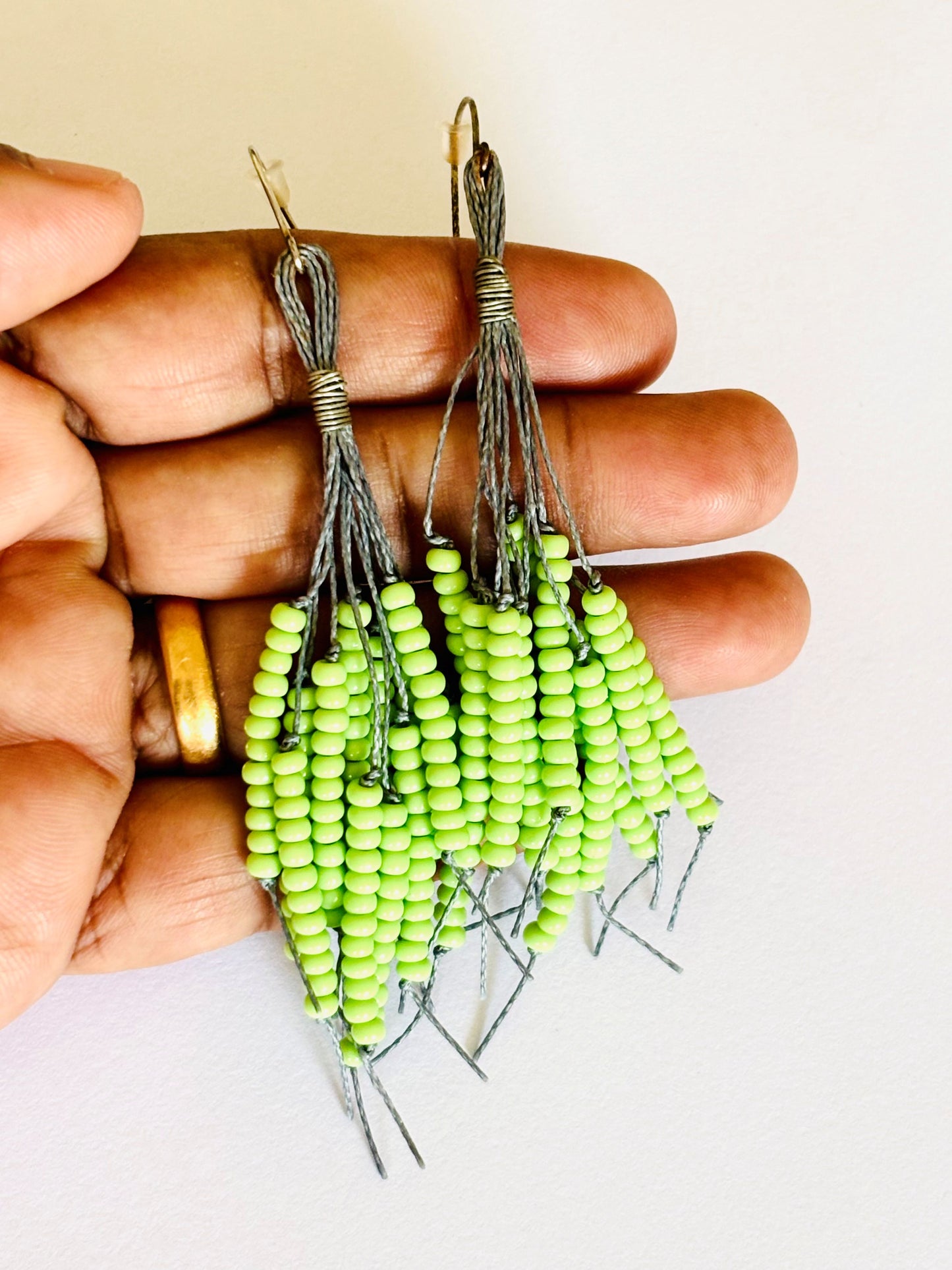 Handmade Lime Green Beaded Tassel Earrings