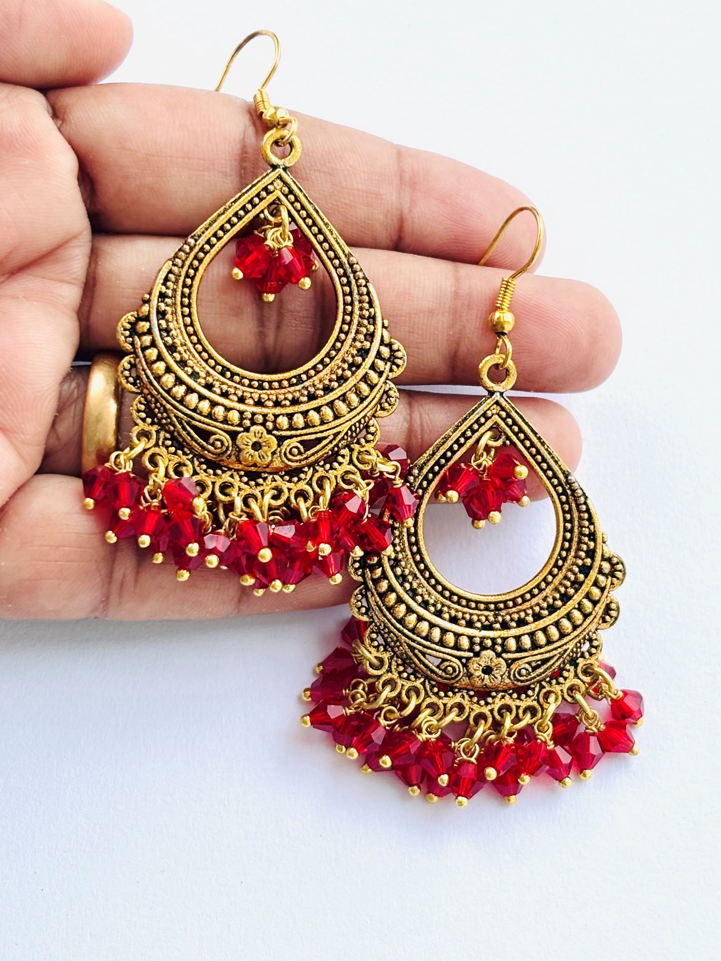 Handcrafted Gold-Toned Red Beaded Drop Earrings