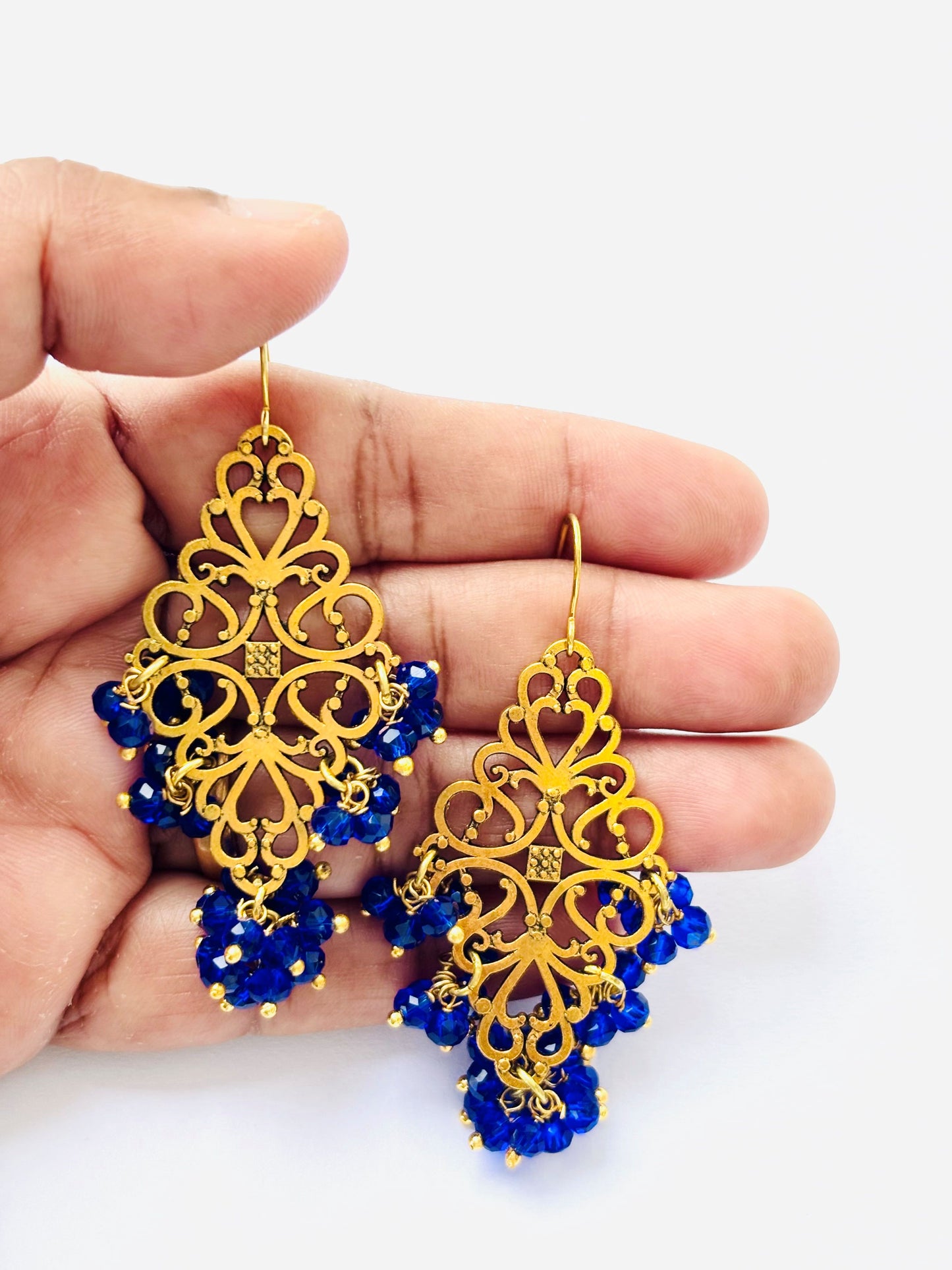 Handmade Royal Blue Beaded Gold Filigree Earrings