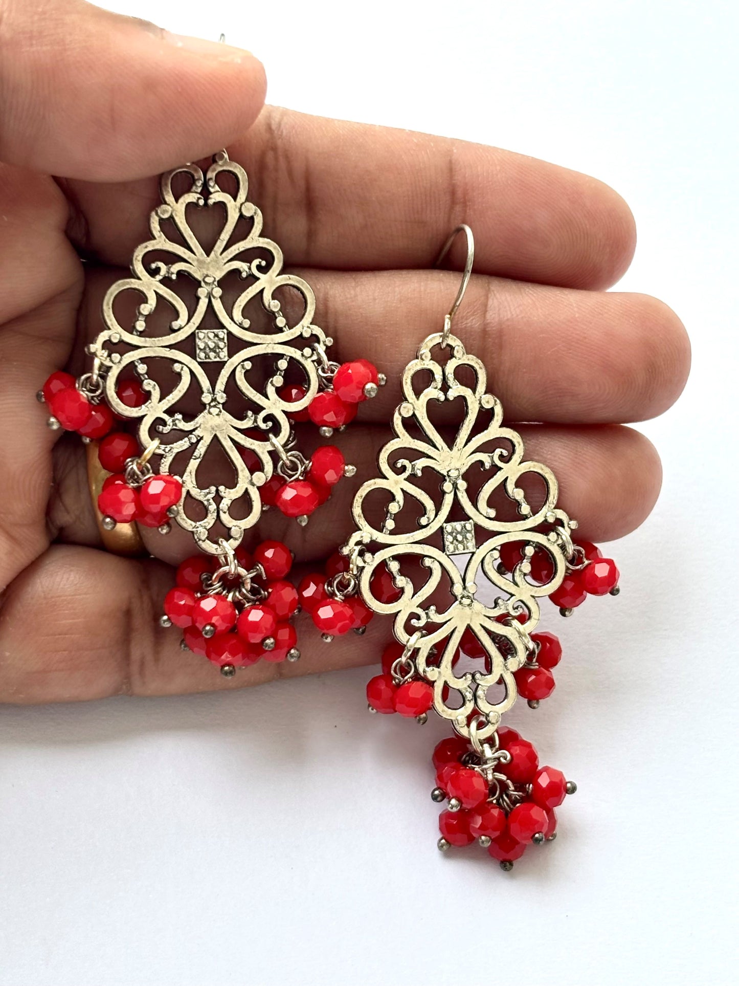 Handcrafted Silver-Toned Red Beaded Filigree Earrings
