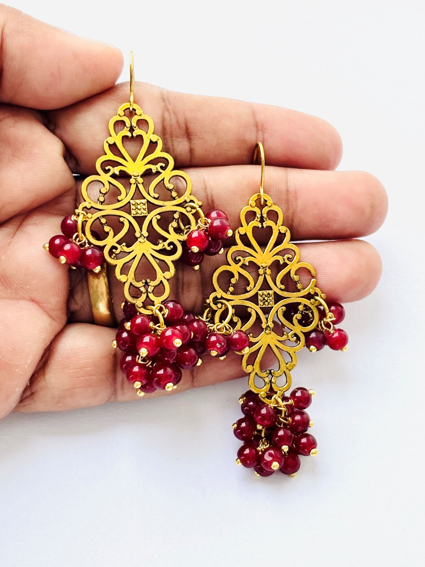 Handmade Maroon Beaded Gold Filigree Earrings