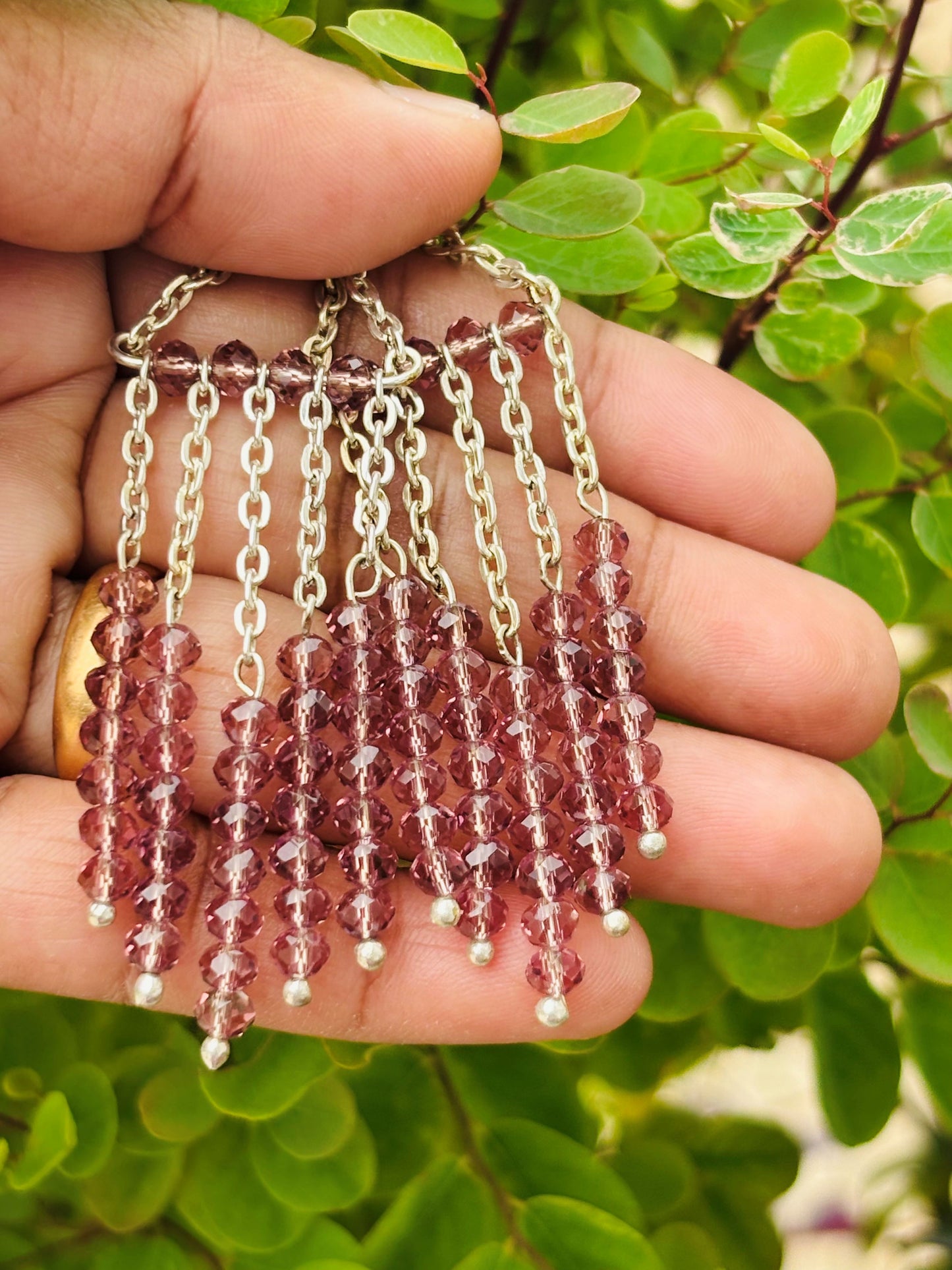 Handcrafted Light Purple Beaded Silver Chain Tassel Earrings