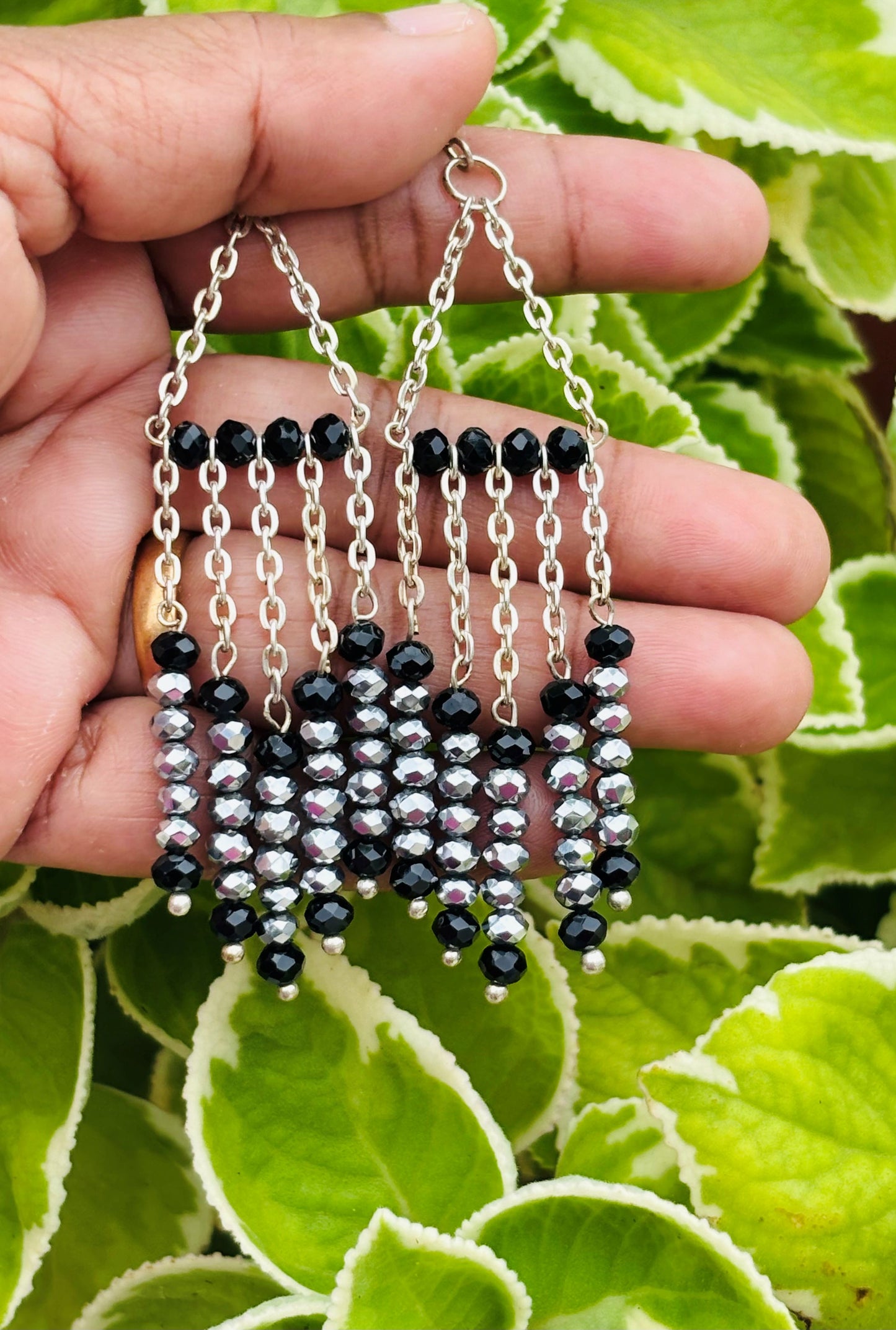 Handmade Black and Metallic Silver Beaded Tassel Earrings