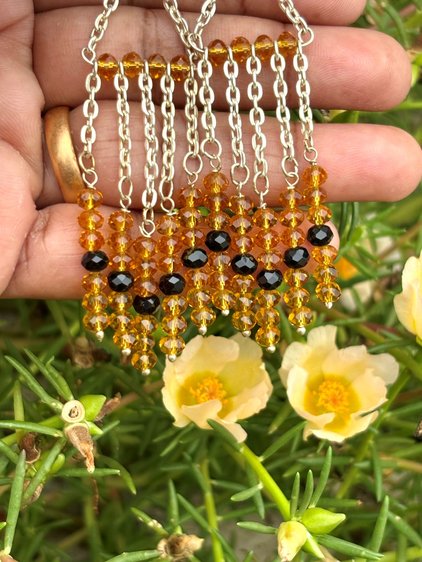 Amber and Black Beaded Silver Chain Tassel Earrings