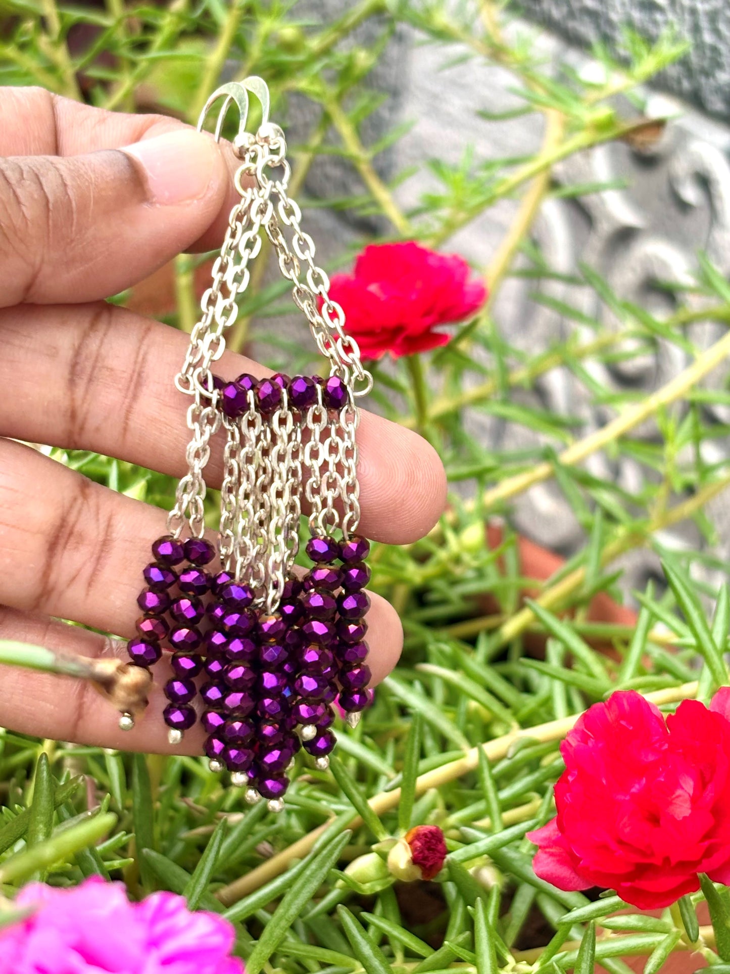 Royal Purple Beaded Silver Chain Tassel Earrings