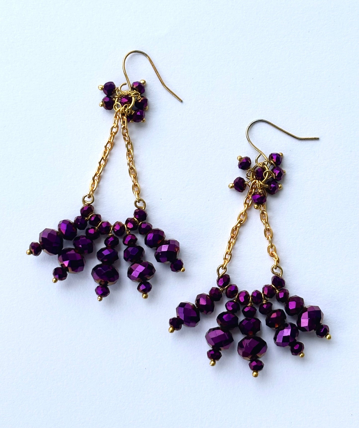 Gold Chain and Purple Beaded Cluster Earrings