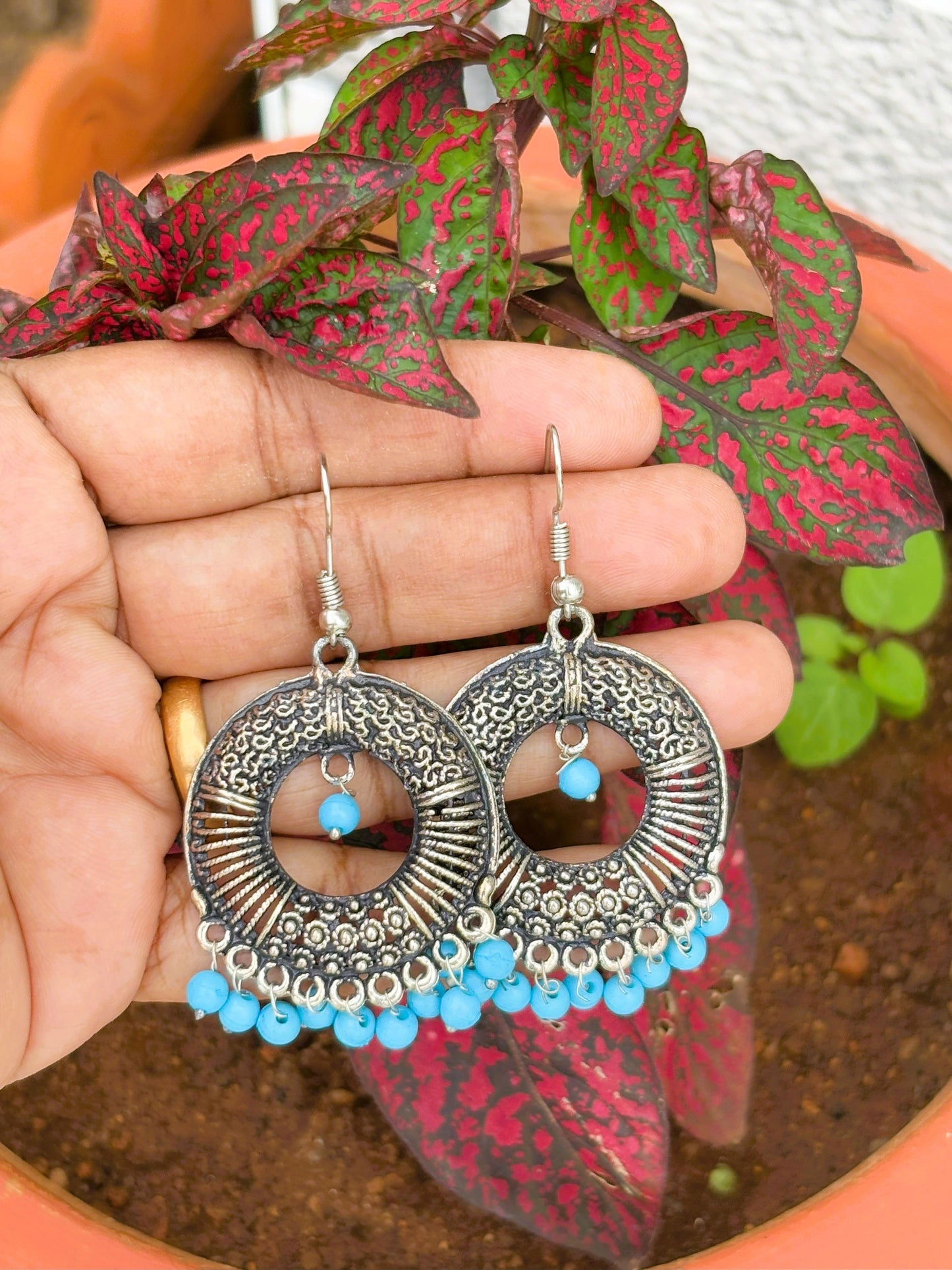 Oxidized Silver Earrings with Blue Beads