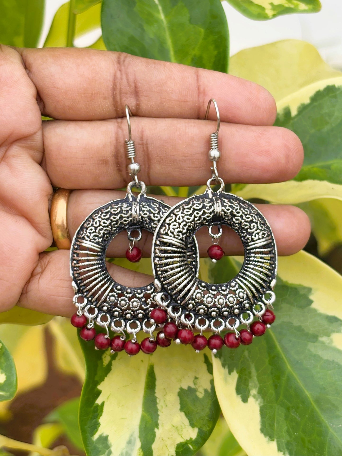 Oxidized Silver Earrings with Red Beads