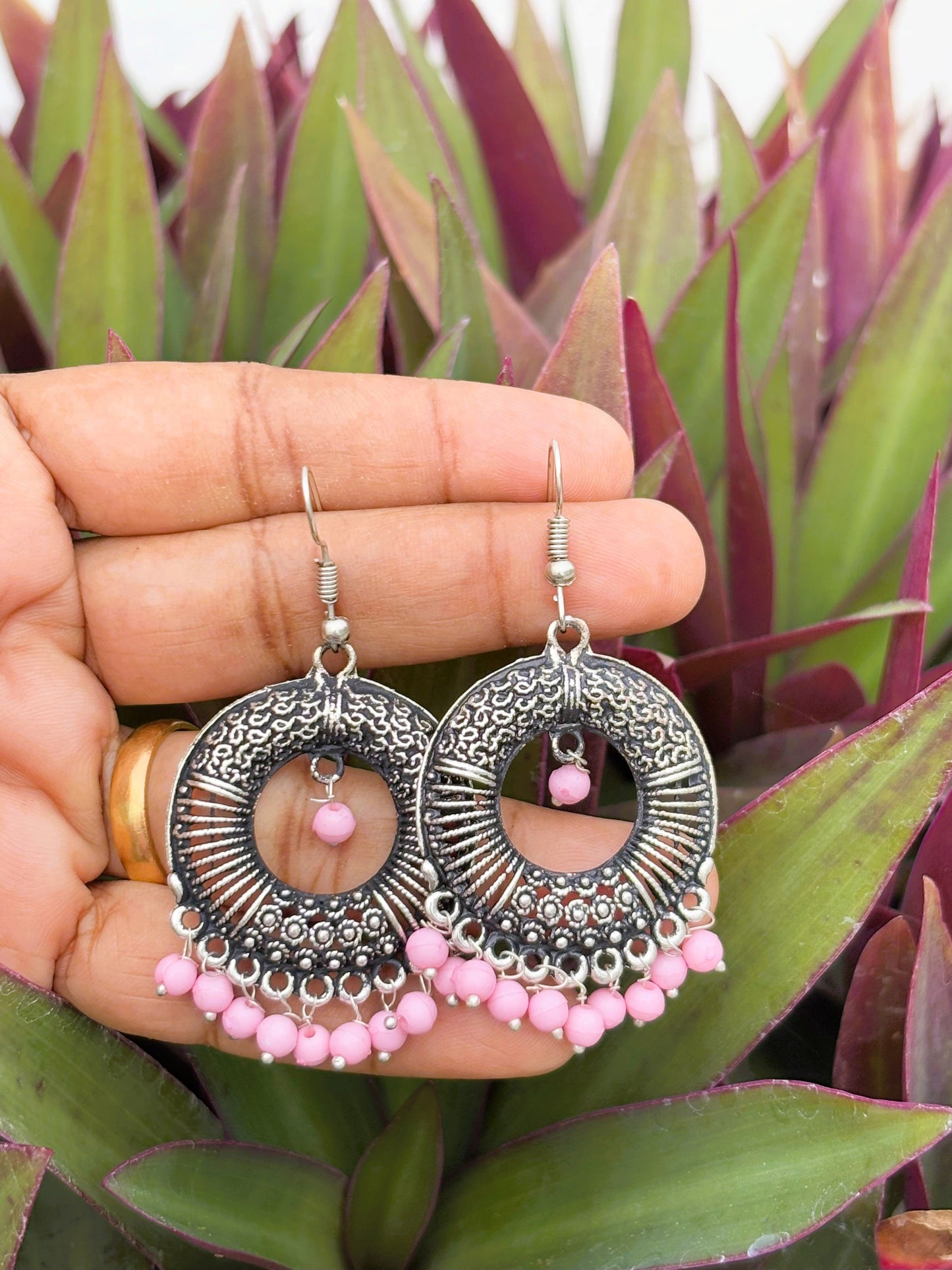 Oxidized Silver Earrings with Pink Beads