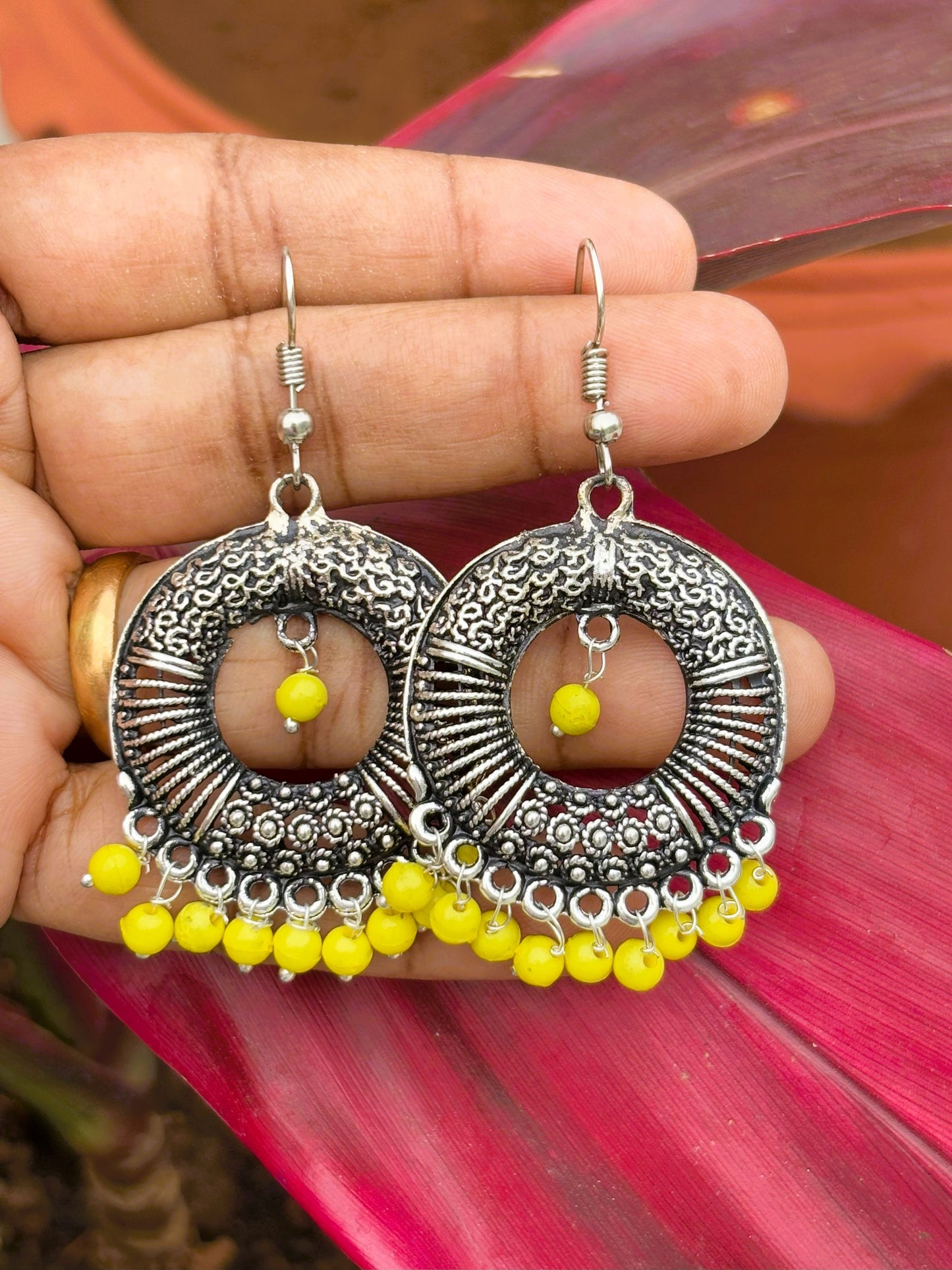 Oxidized Silver Earrings with Yellow Beads