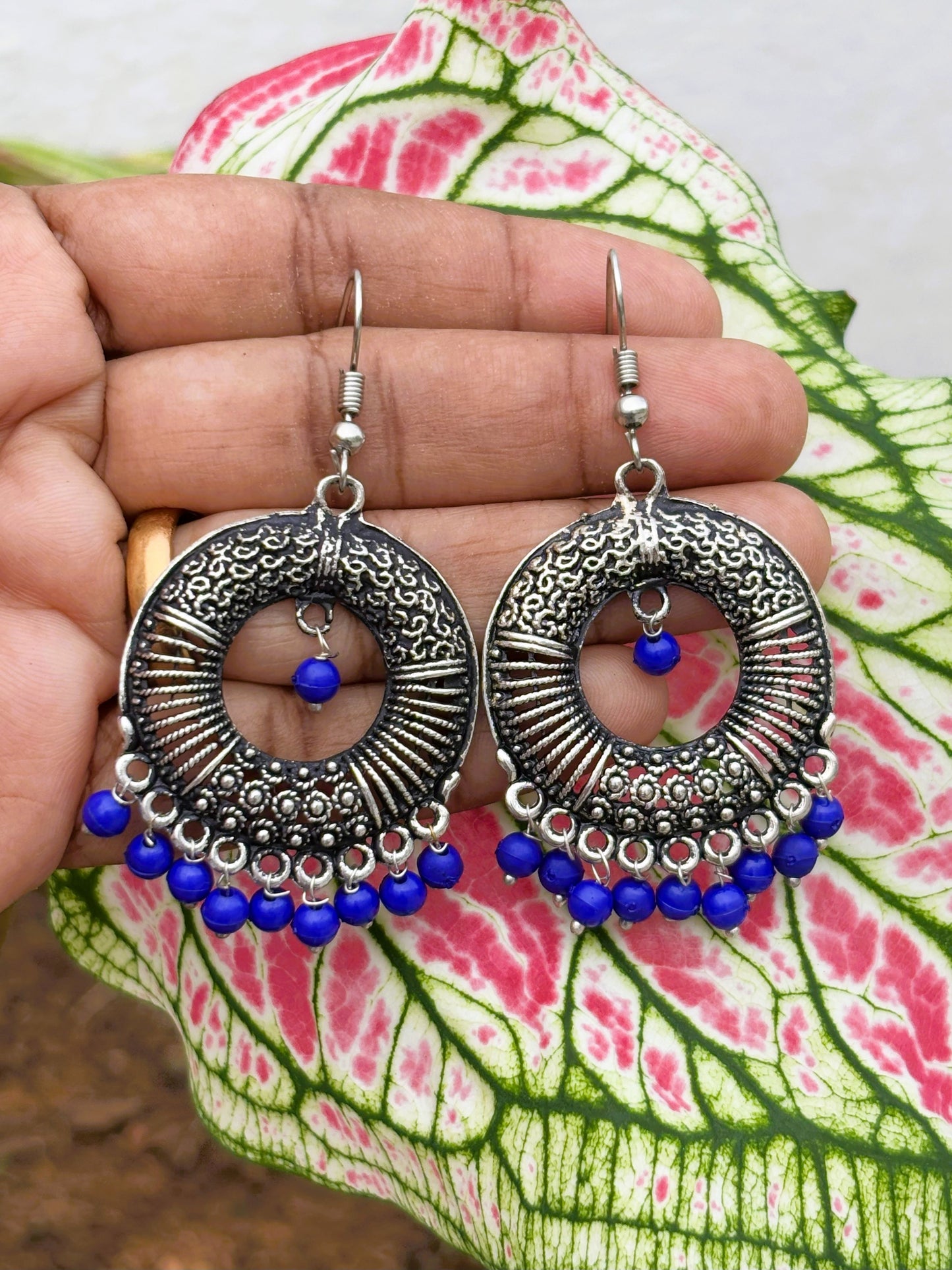 Oxidized Silver Earrings with Matt Blue Beads