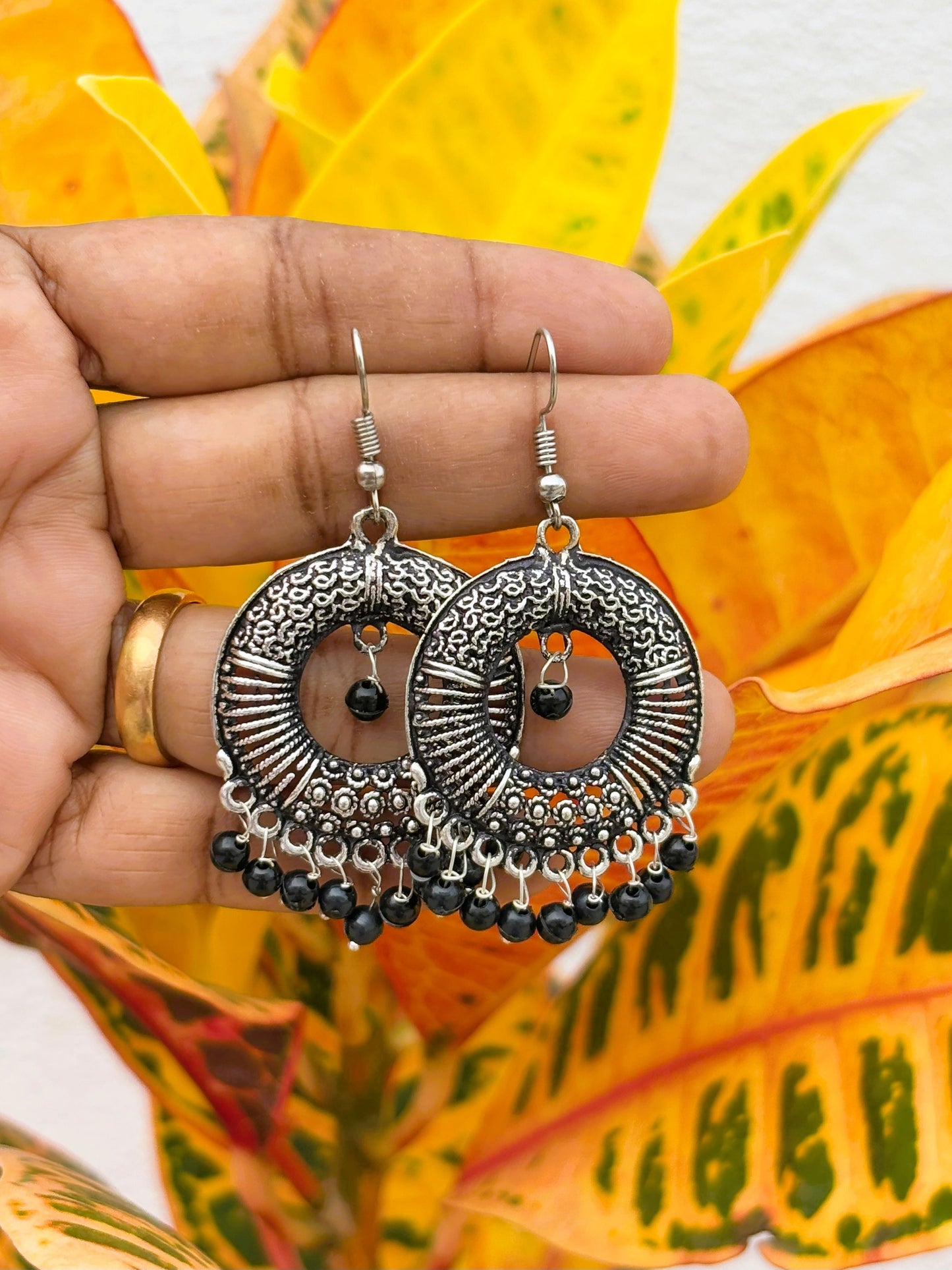 Oxidized Silver Earrings with Black Beads