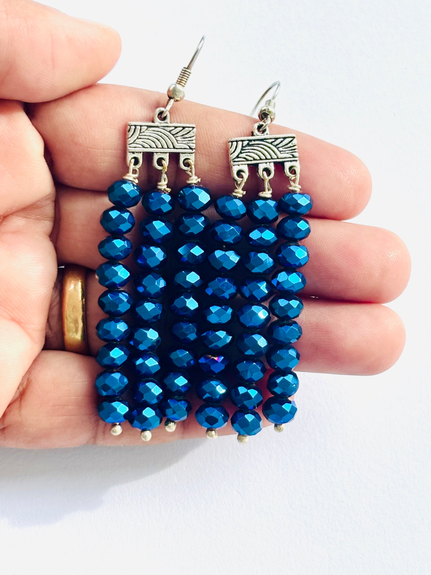 Handmade Metallic Blue Fringe Earrings