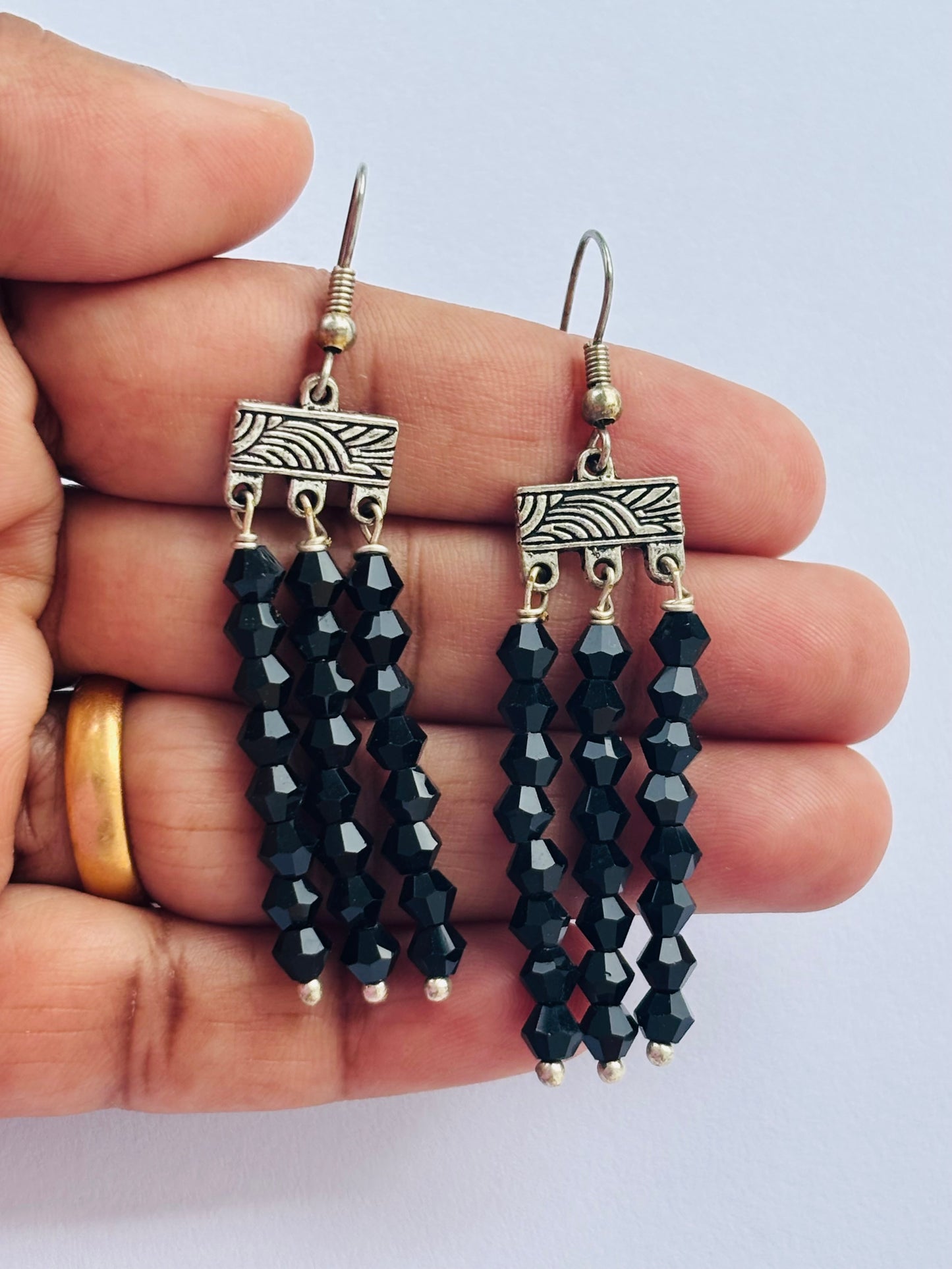 Handmade Black Bicone Fringe Earrings