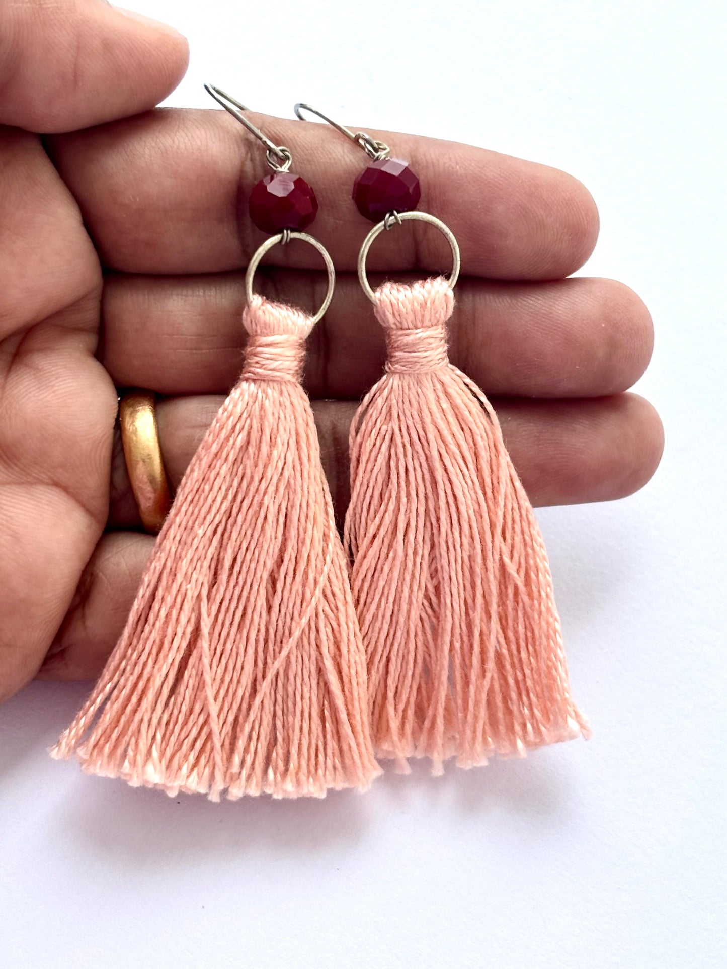 Handmade Pink Tassel Earrings with Ruby Crystal