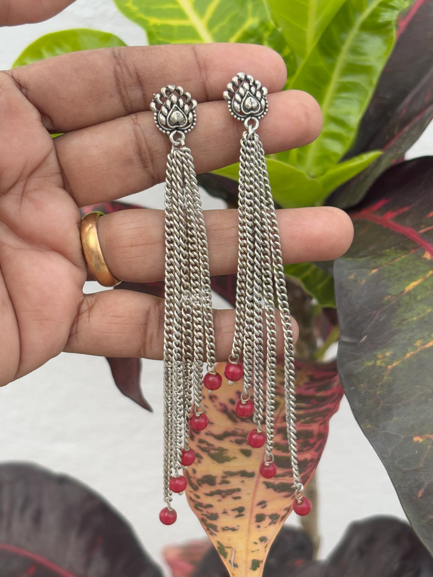 Handmade Oxidized Silver Chain Earrings with Red Beads