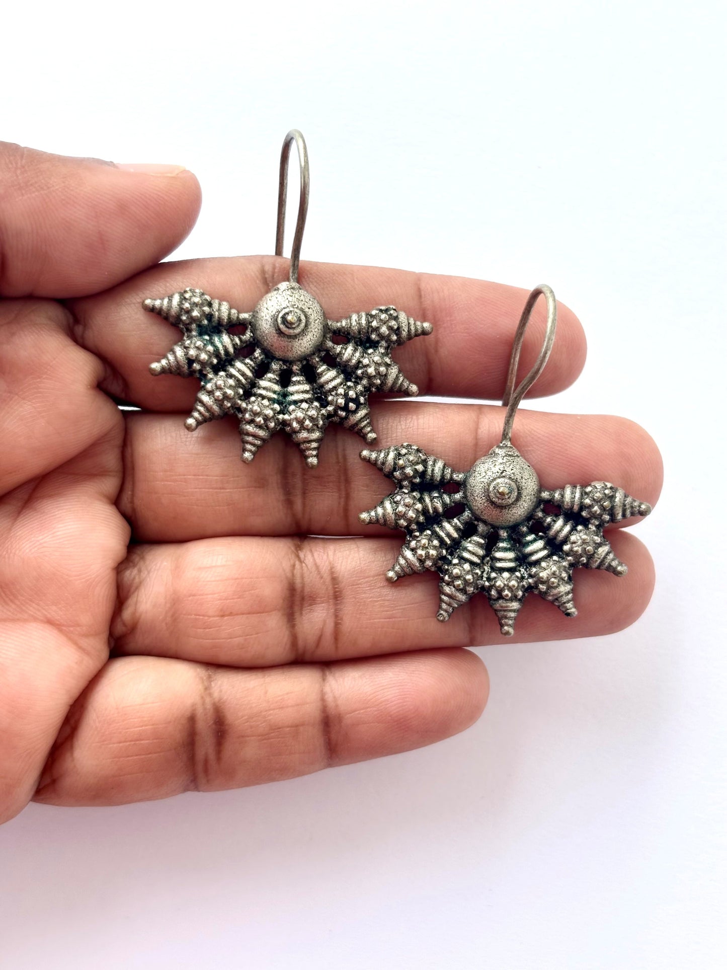 Oxidized Silver Ethnic Fan Earrings