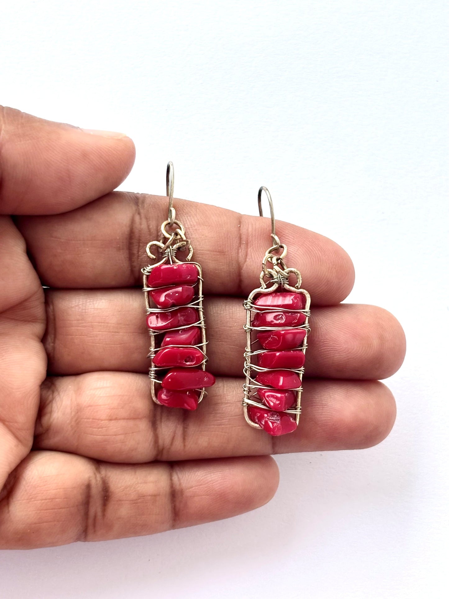 Handmade Red Coral and Wire-Wrapped Bar Earrings