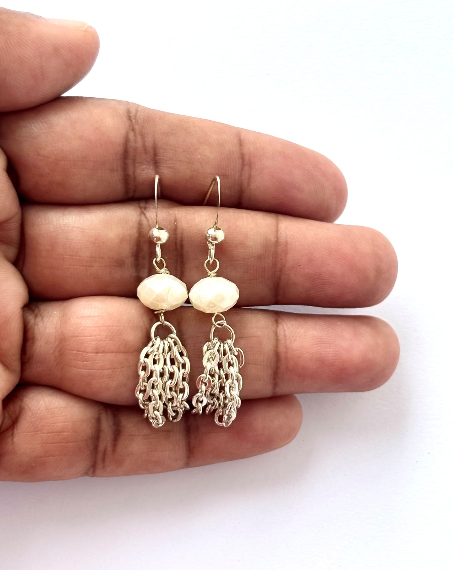 Handmade White Pearl and Silver Chain Tassel Earrings