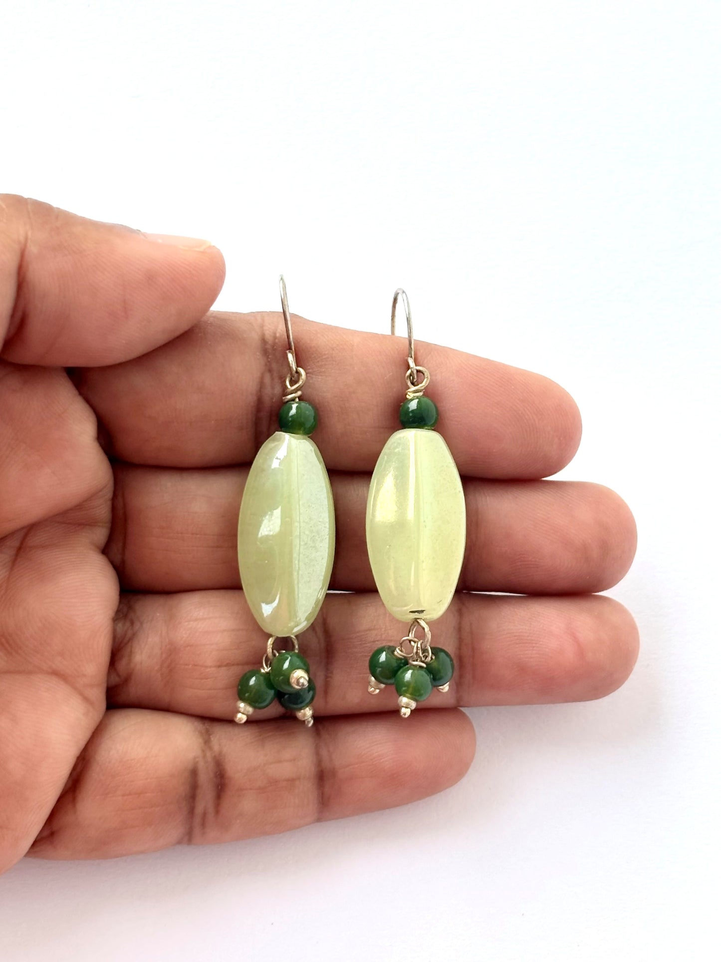 Handmade Green Stone and Bead Dangle Earrings