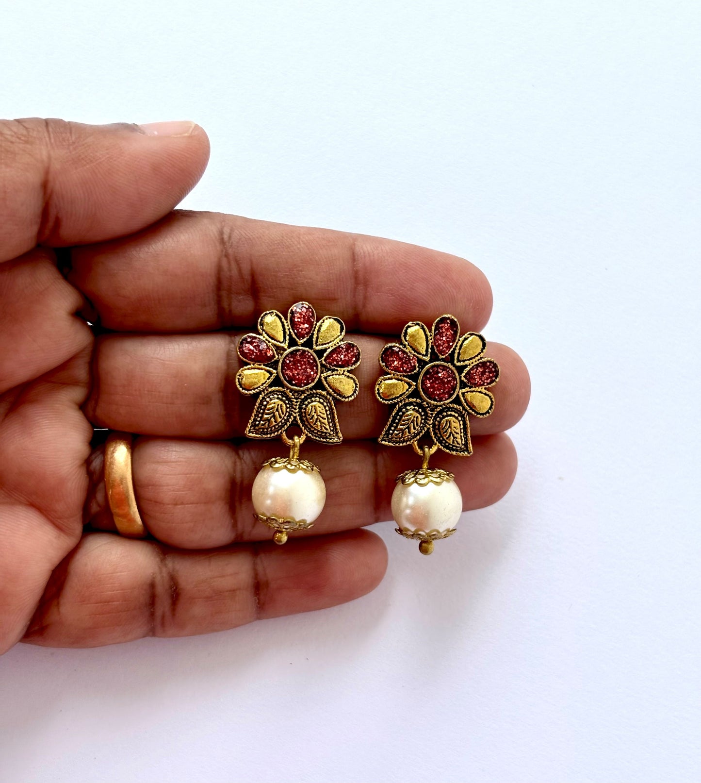 Oxidized Gold and Pearl Floral Drop Earrings