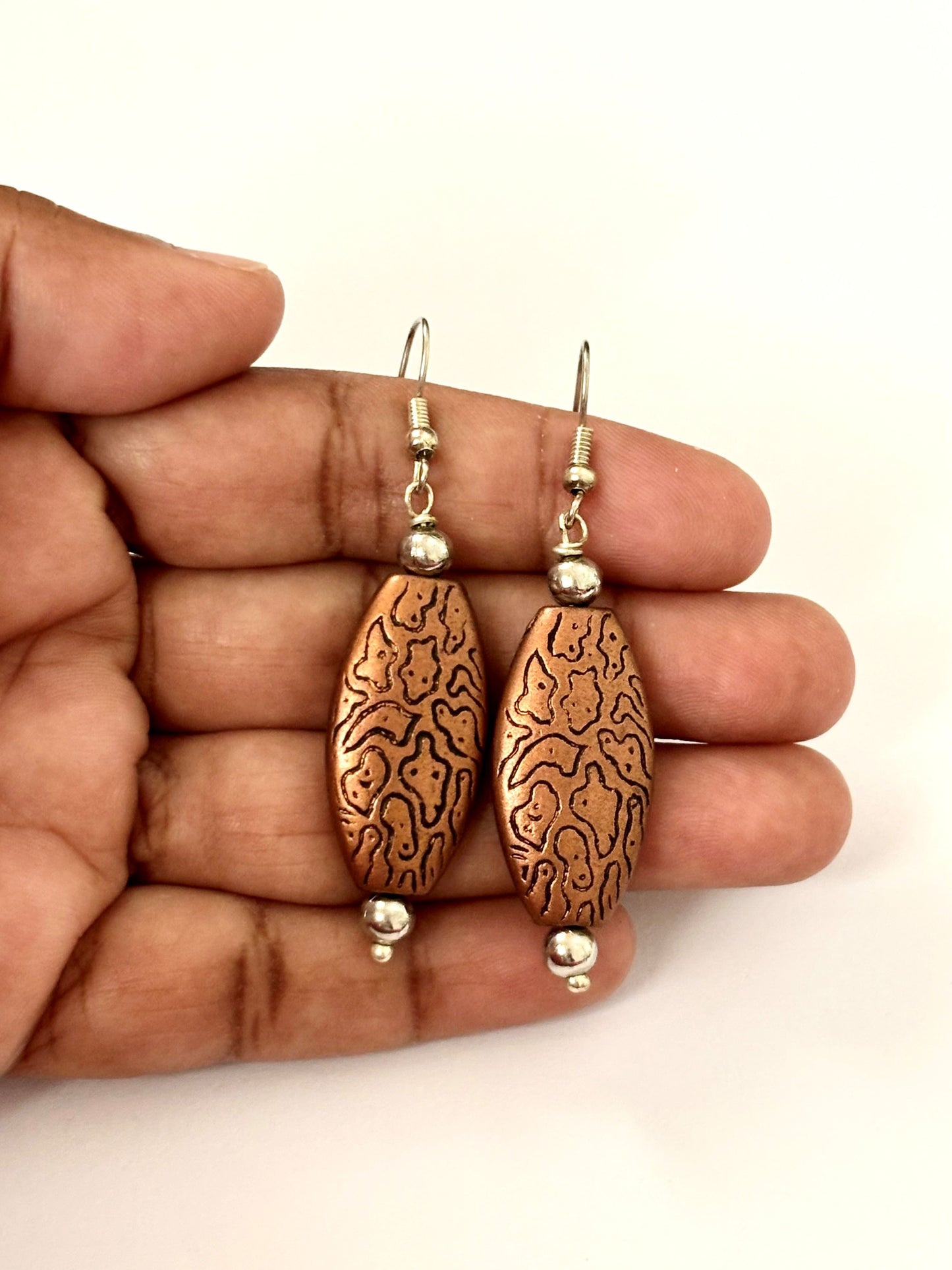 Handmade Copper and Silver Patterned Dangle Earrings