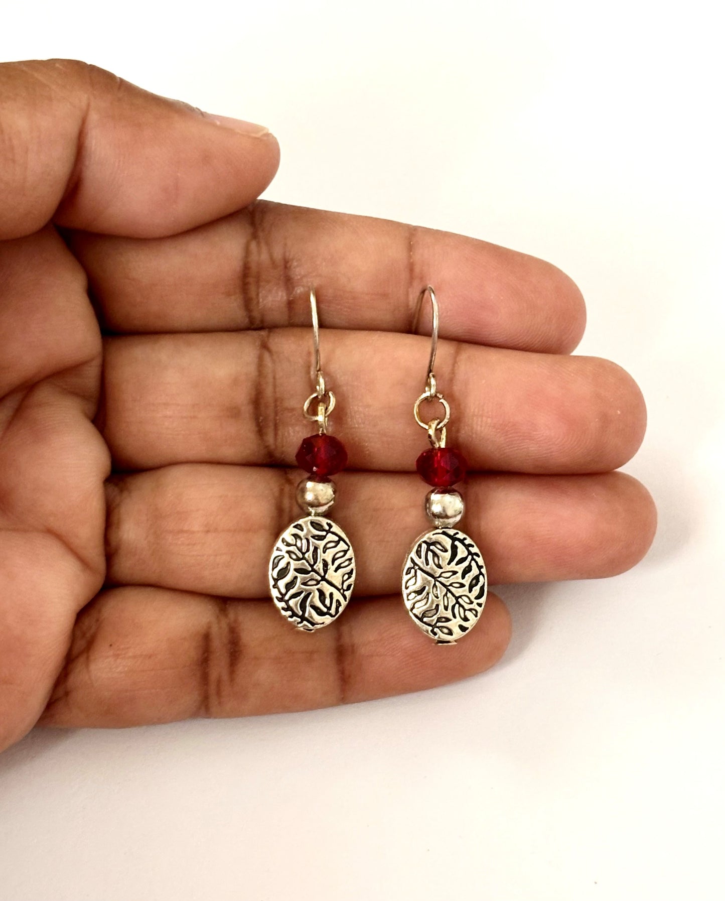 Handmade Red Crystal and Leaf Dangle Earrings