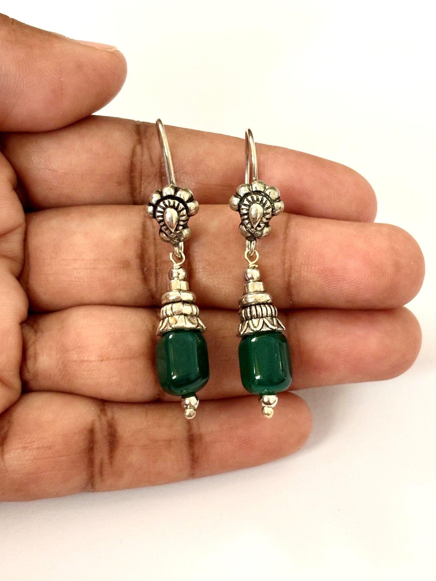 Oxidized Silver and Green Stone Dangle Earrings