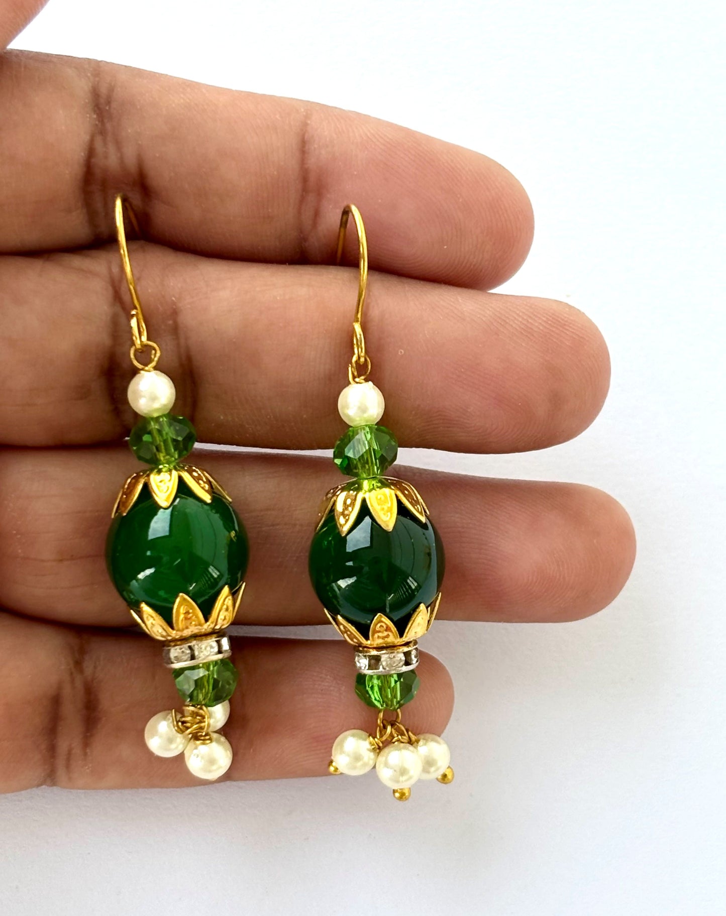 Handmade Green and Gold Lantern Drop Earrings