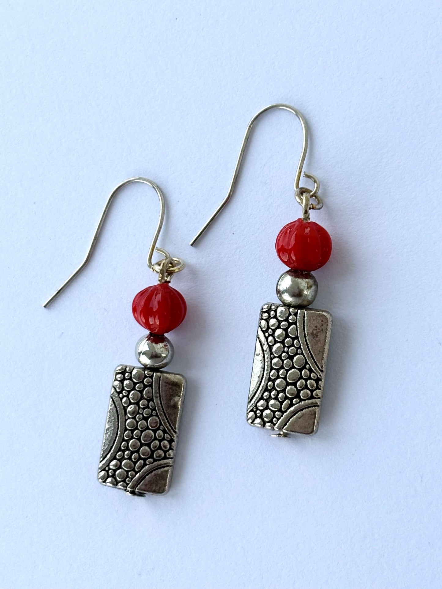Handmade Red and Silver Dangle Earrings