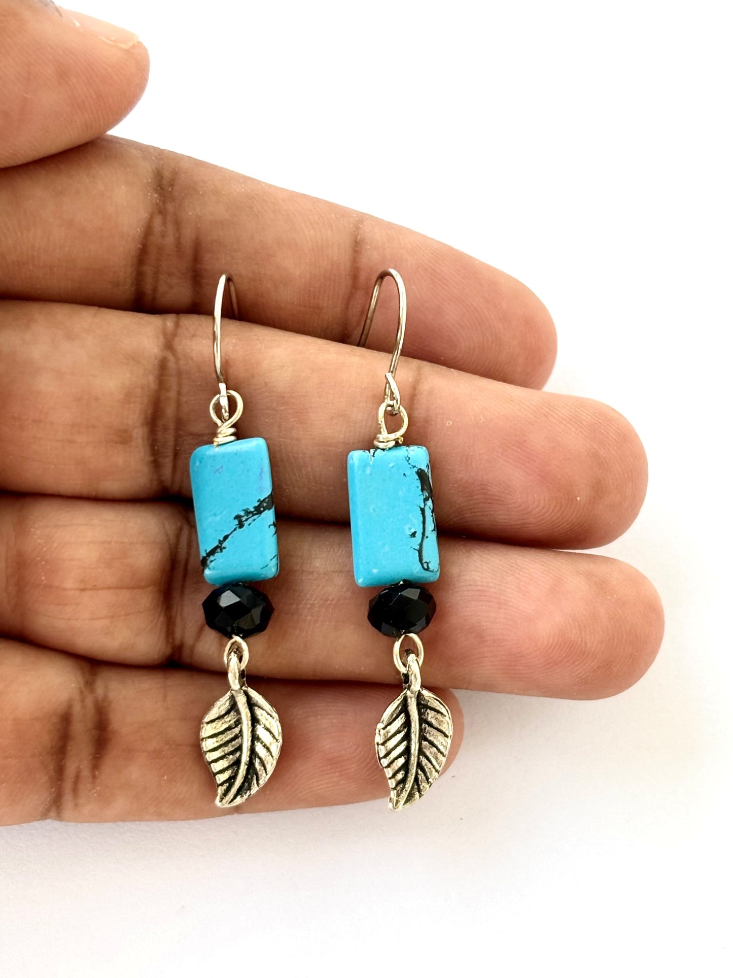 Handmade Turquoise and Silver Leaf Dangle Earrings