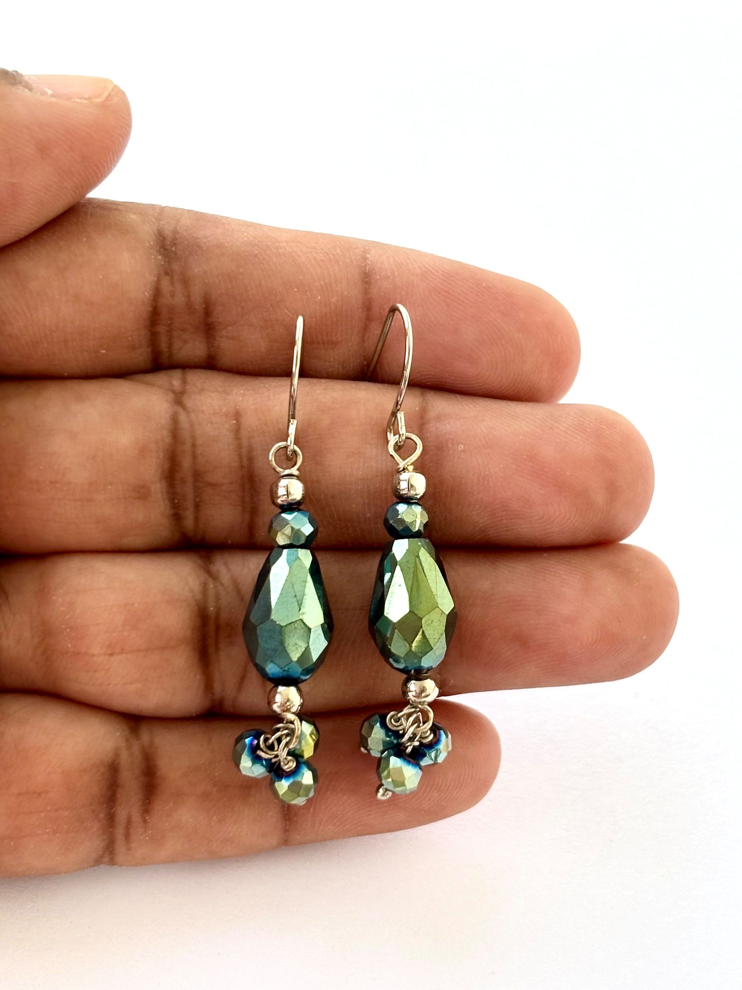 Handmade Iridescent Green Crystal Drop Earrings