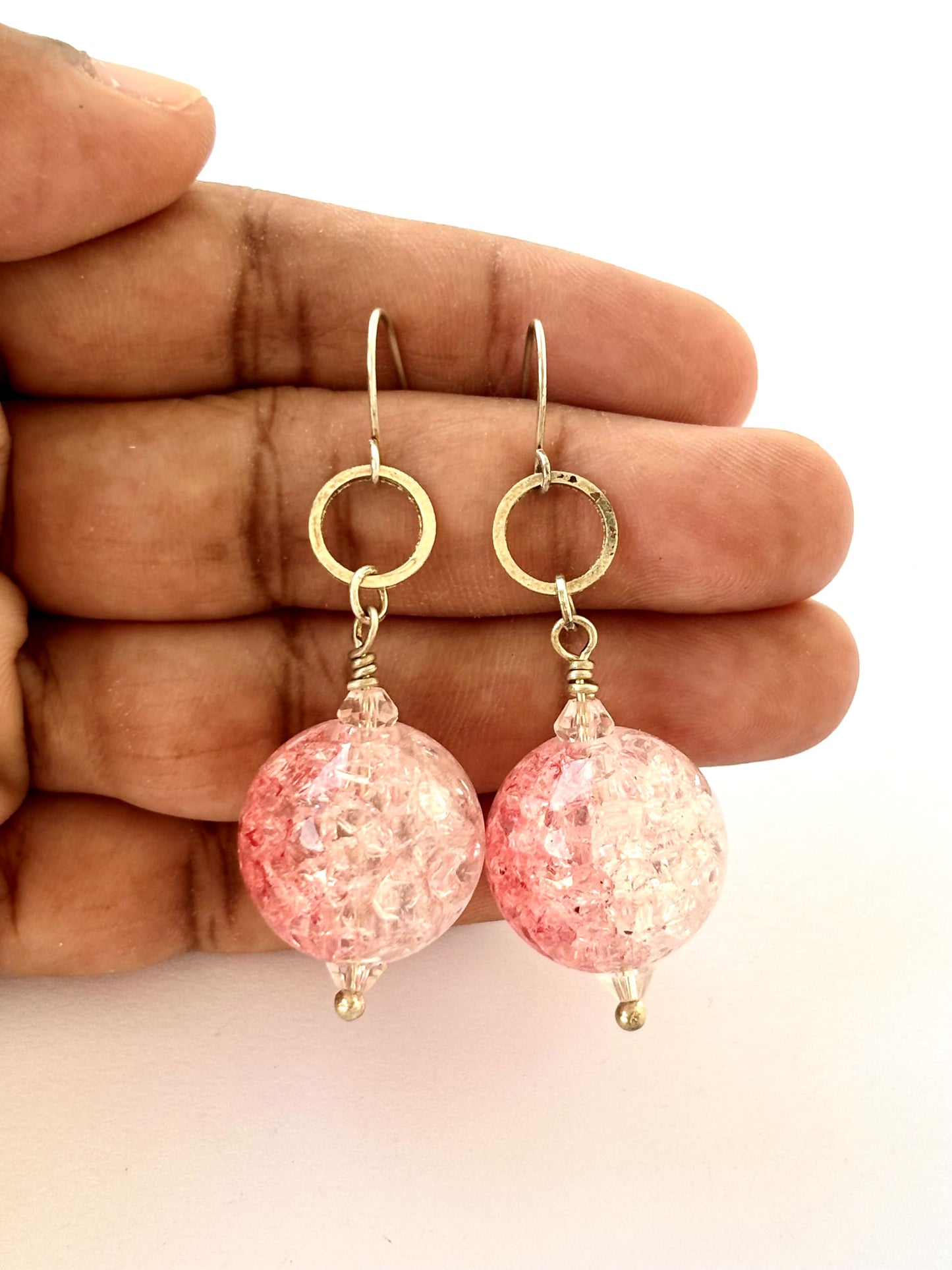 Handmade Pink Crackle Glass Ball Earrings