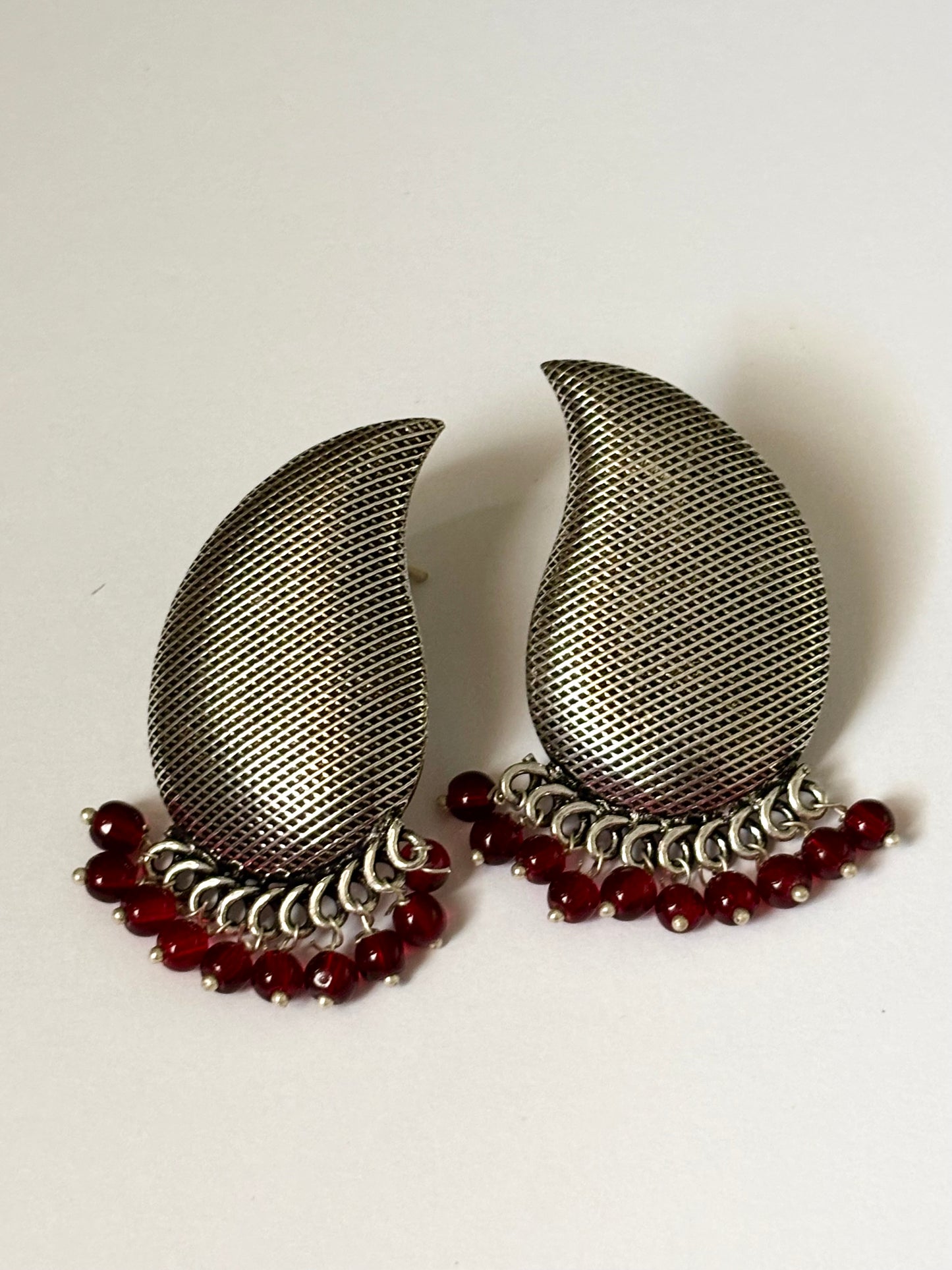 Oxidized Silver and Red Bead Drop Earrings