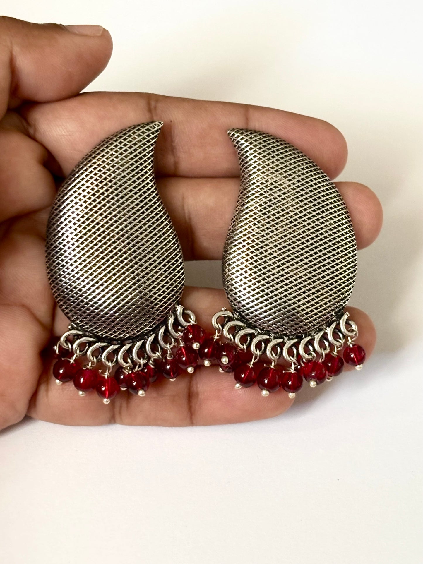 Oxidized Silver and Red Bead Drop Earrings